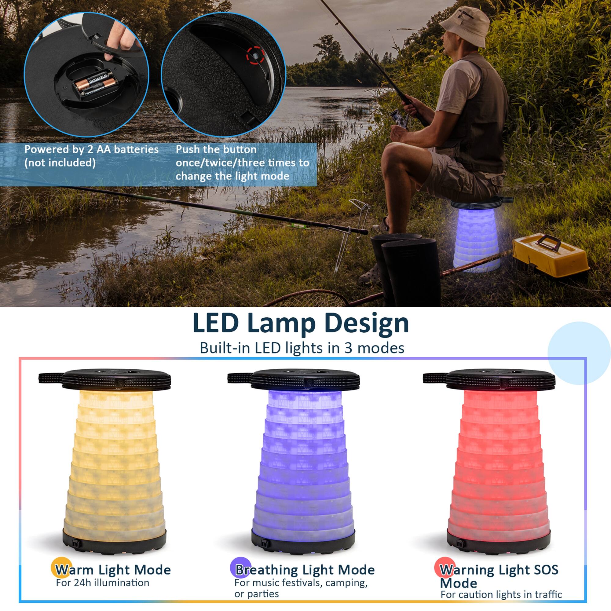 LED Lamp Design: Built-in LED lights in 3 modes - Warm Light Mode for 24h illumination, Breathing Light Mode for music festivals, camping, or parties, and Warning Light SOs Mode for caution lights in traffic. Powered by 2 AA batteries (not included). Push the button once/twice/three times to change the light mode.