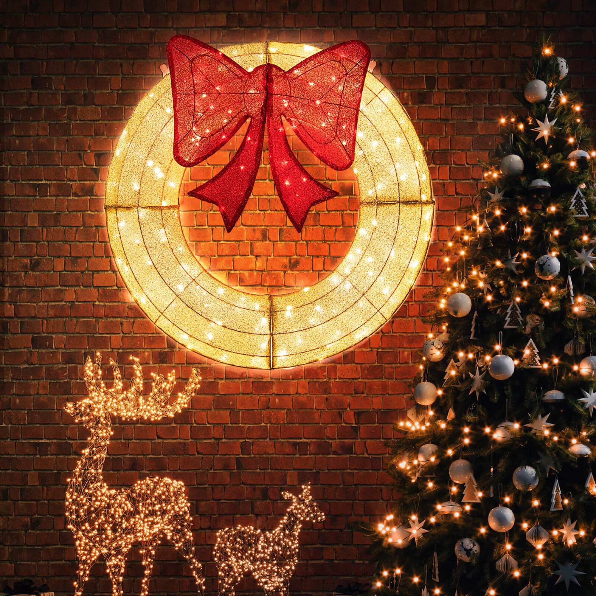 Alt View 3. Costway - Costway 48 Inch Pre-Lit Christmas Wreath with 200 LED Lights Red Bow Hanging Hooks - White.