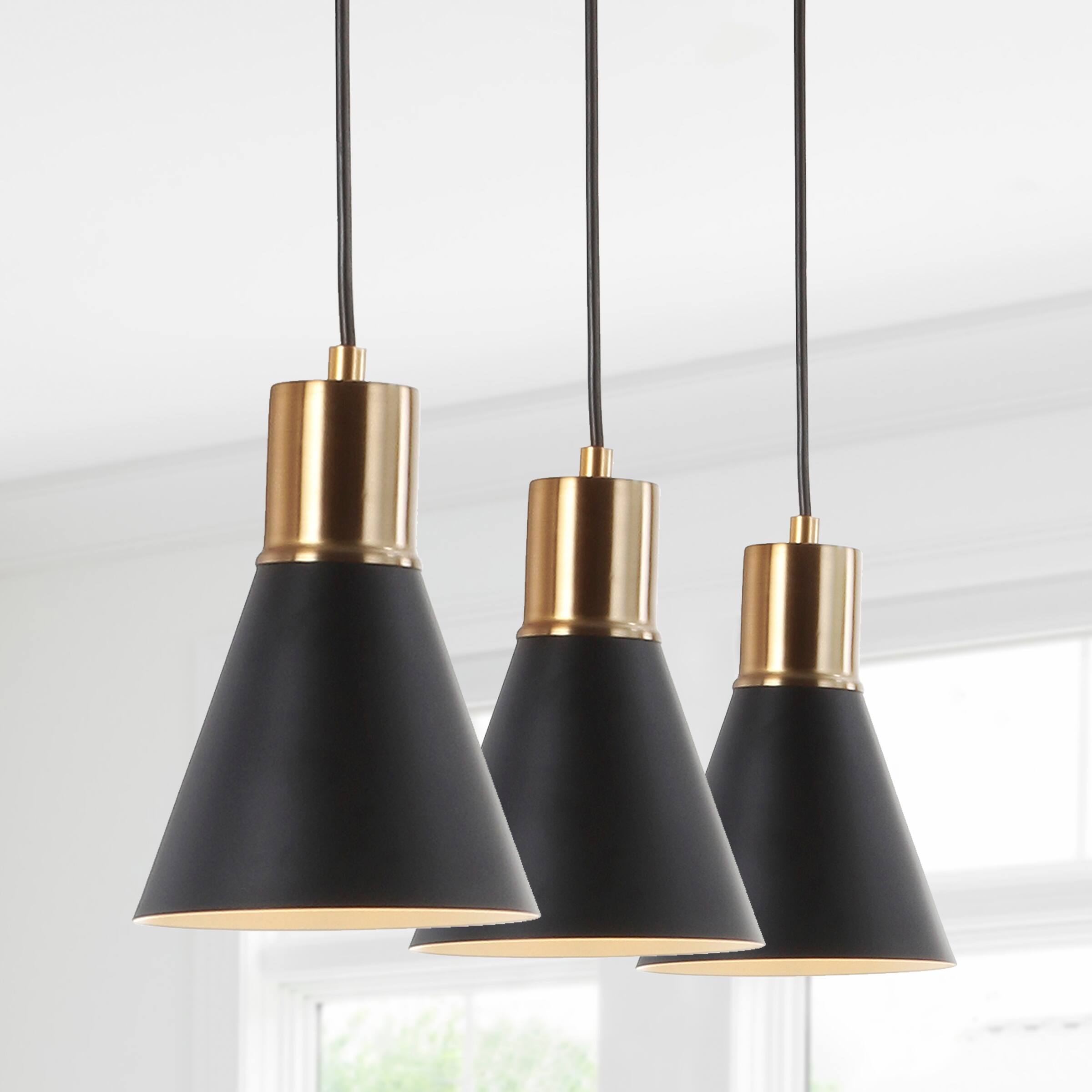 Alt View 1. Jonathan Y - Apollo 33.5" 3-Light Mid-Century Modern Iron Adjustable Linear LED Pendant, Black/Brass Gold - Black/Brass Gold.