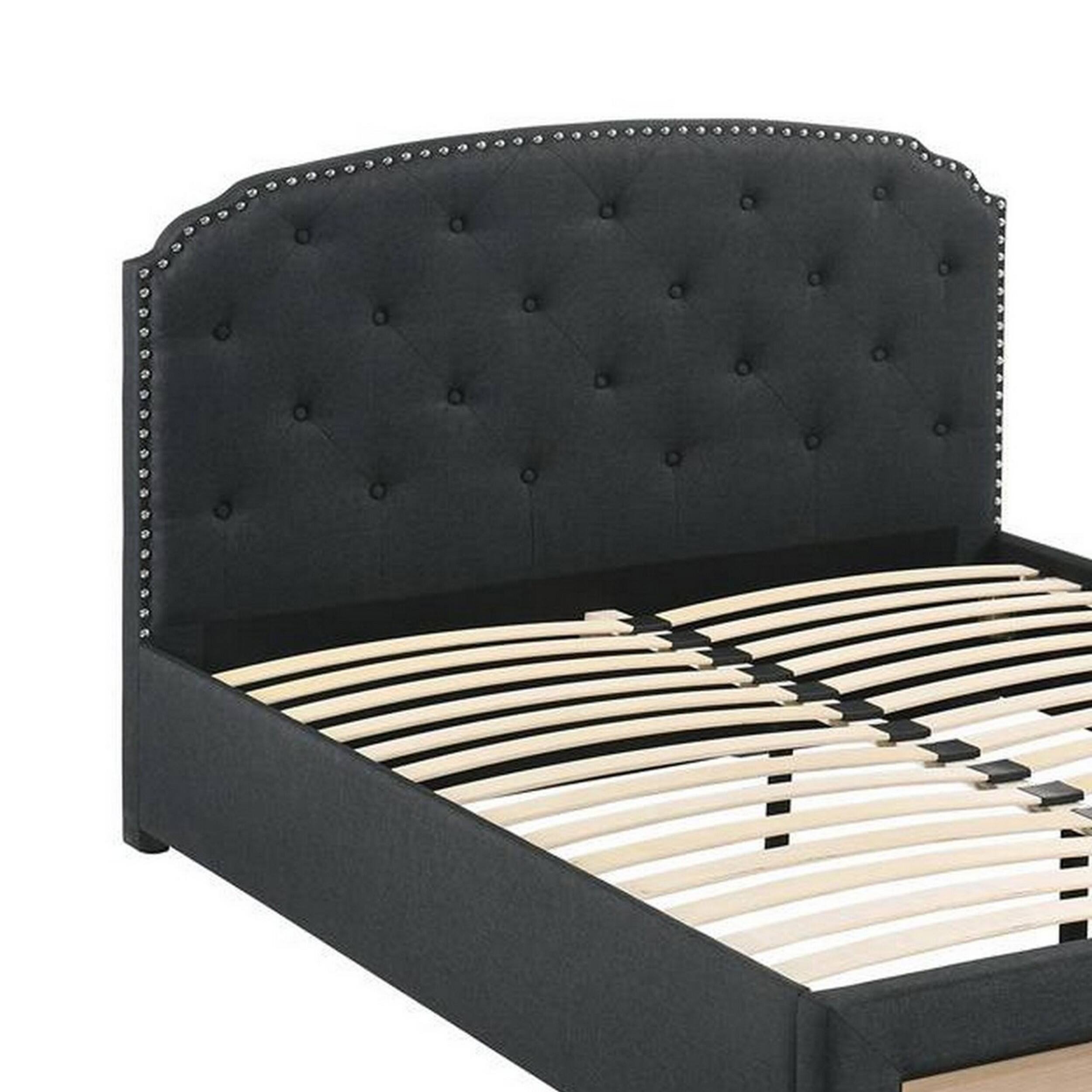 Alt View 1. Manhattan Lane - Nue Twin Upholstered Bed, Curved Tufted Headboard, Charcoal Gray Burlap - Charcoal Gray.