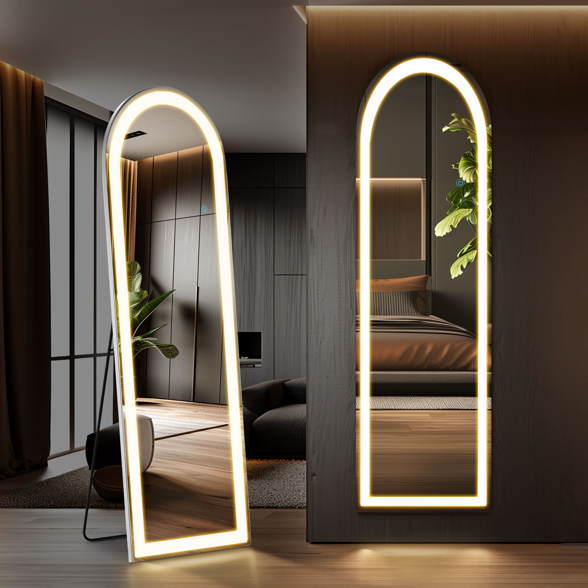 Anysun - 16" x 60" LED Floor Mirror with Rounded Corners - 3-Color Lighting, Floor Stand & Wall Mount Option