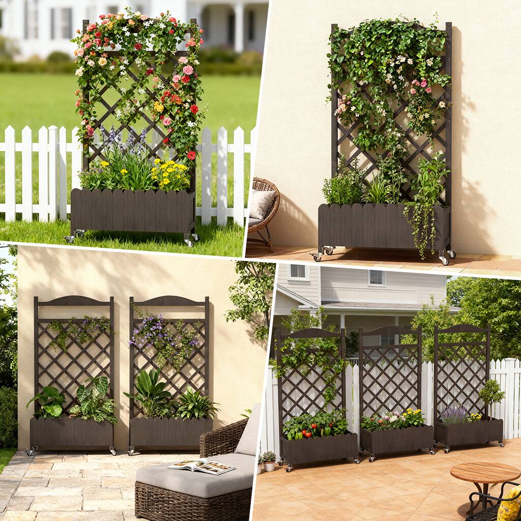 Alt View 2. CloudRest Pro - Raised Garden Bed with Trellis and Wheels 48 Inch Elevated Planter Box with Drainage Holes - Brown.