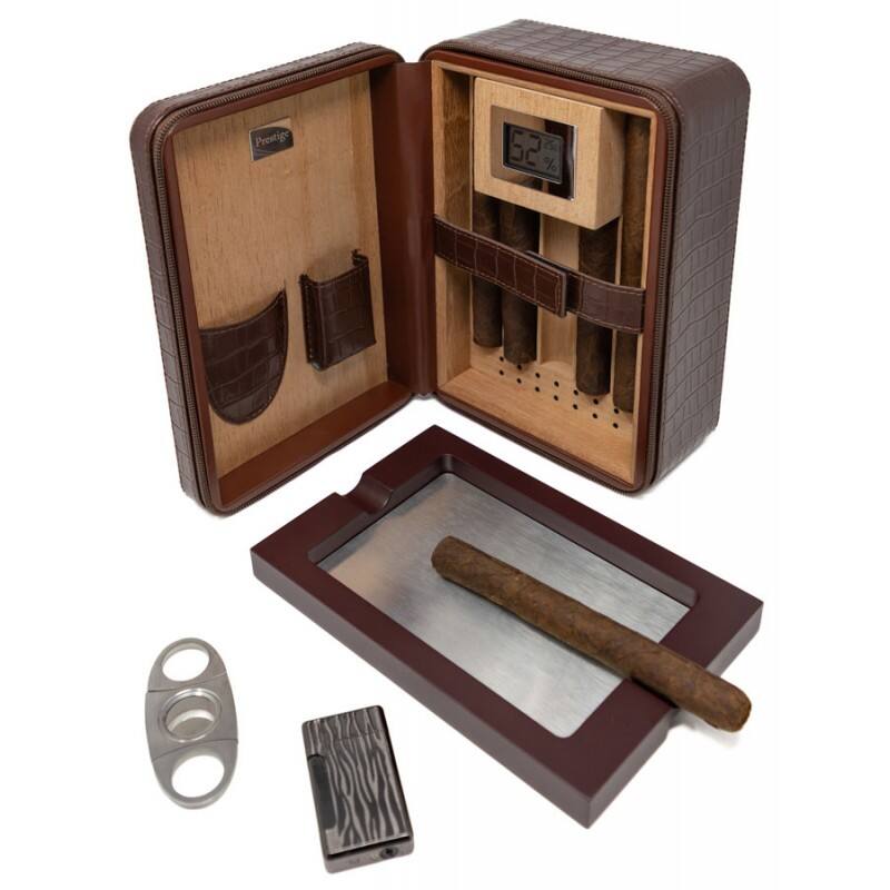 Left. Prestige - Manhattan XL Travel Humidor (Brown) - Brown Crocodile Pattern Leather.