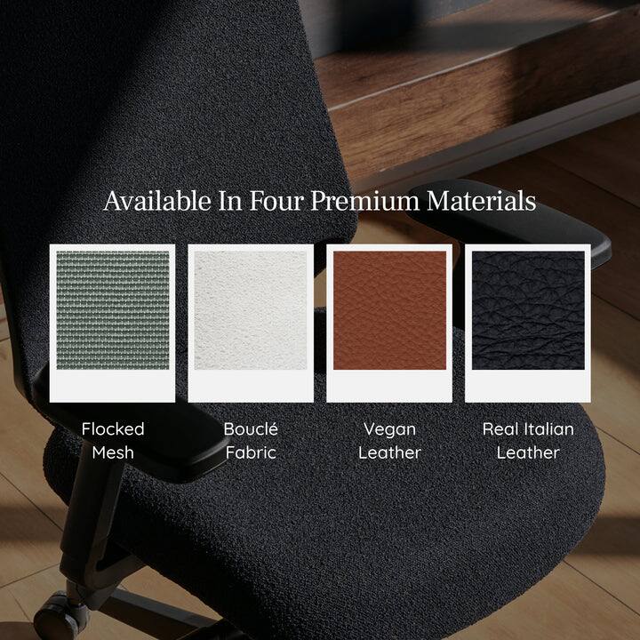 Available In Four Premium Materials

- Flocked Mesh
- Bouclé Fabric
- Vegan Leather
- Real Italian Leather