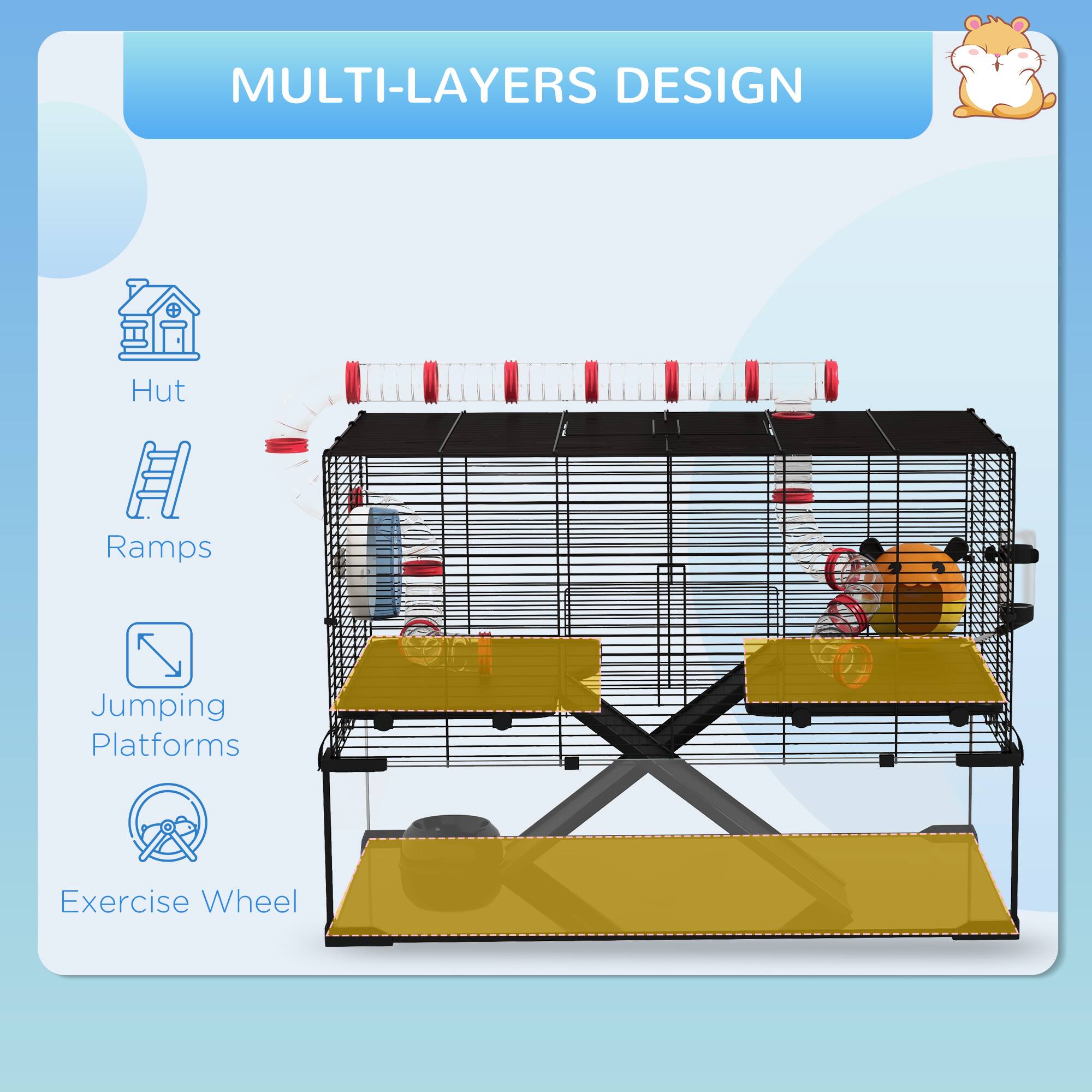 MULTI-LAYERS DESIGN

- Hut
- Ramps
- Jumping Platforms
- Exercise Wheel