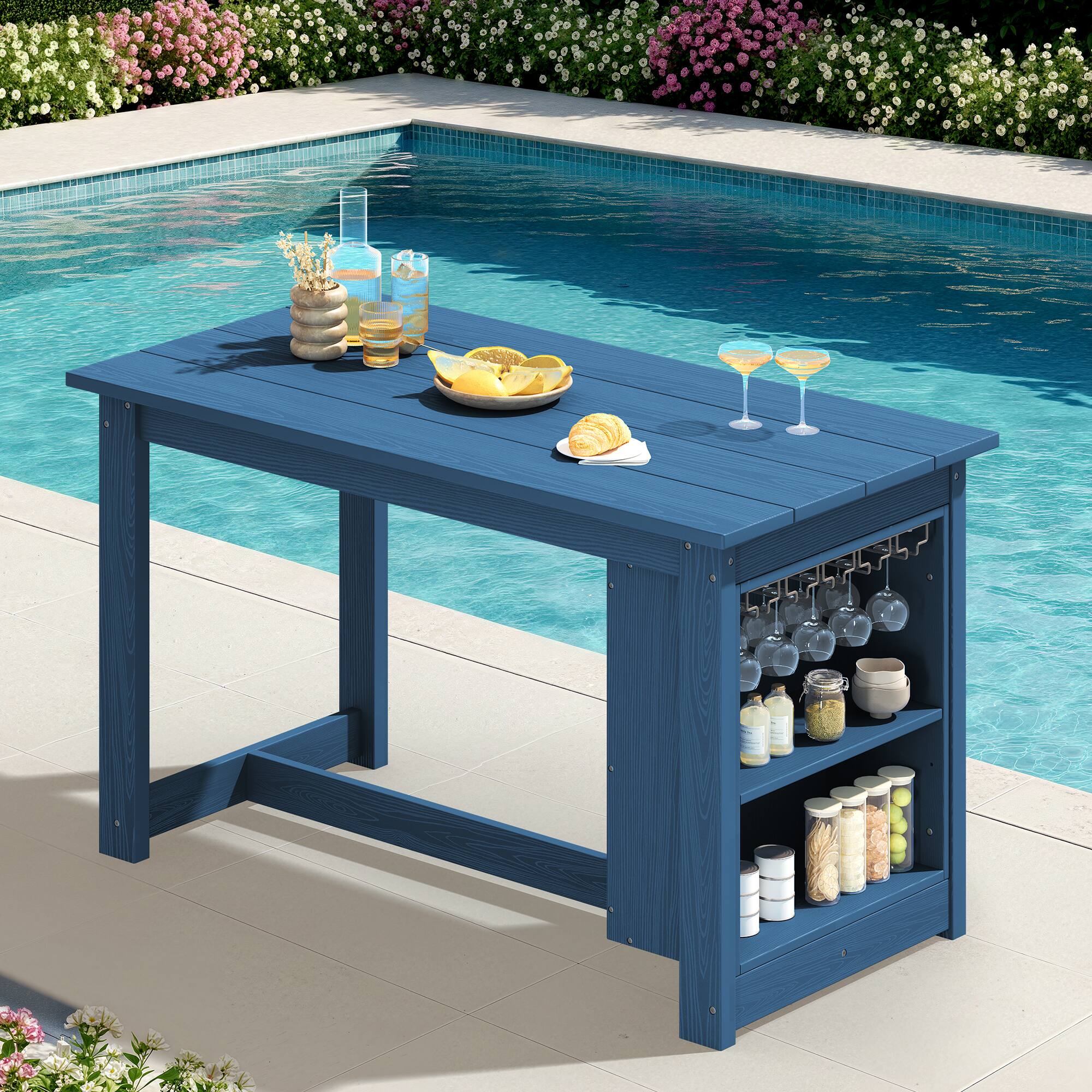 Alt View 9. SERWALL - Outdoor HDPE Counter-Height Bar Table with Storage Rack - Navy.