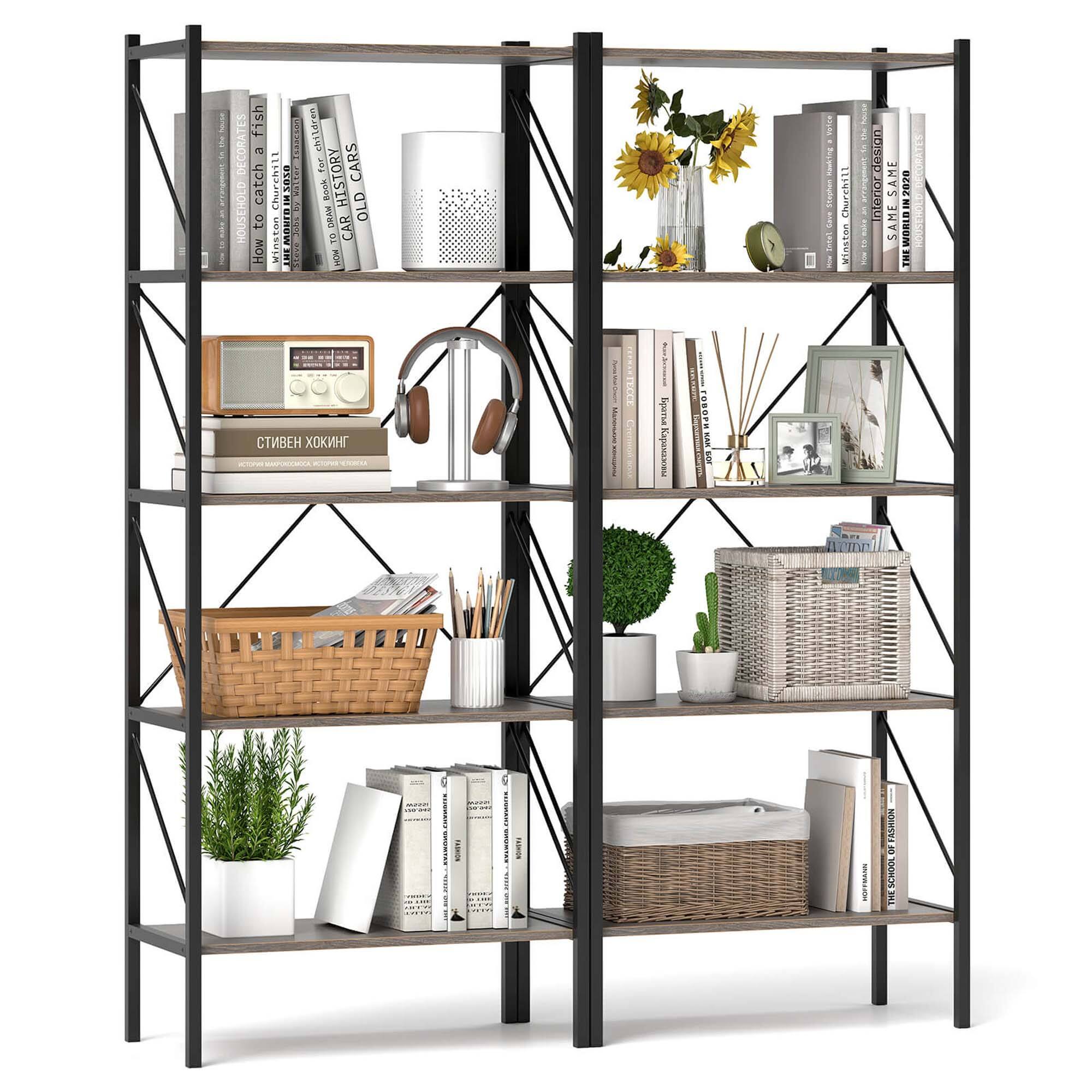 Costway - 2 PCS 5-Tier Bookshelf, Industrial Tall Bookcase with Open Storage Shelves & Metal Frame - Oak,Black