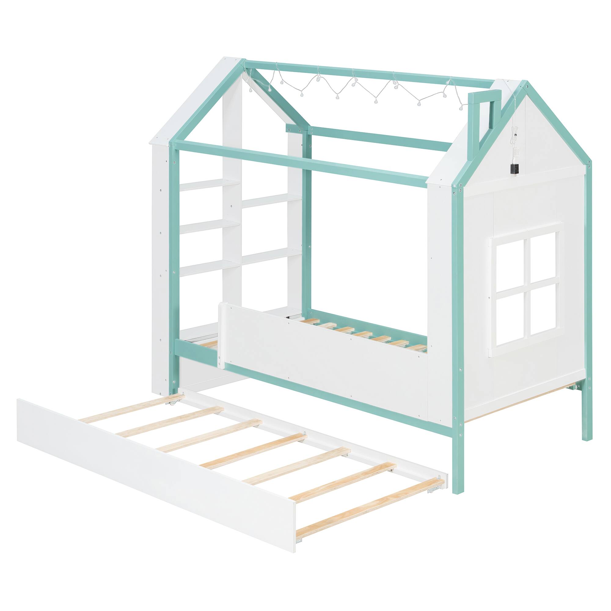 Left. Anysun - Twin Size House Bed Frame with Pull-Out Trundle, Tail End Storage Shelves and Cool White LED Lights - Blue.