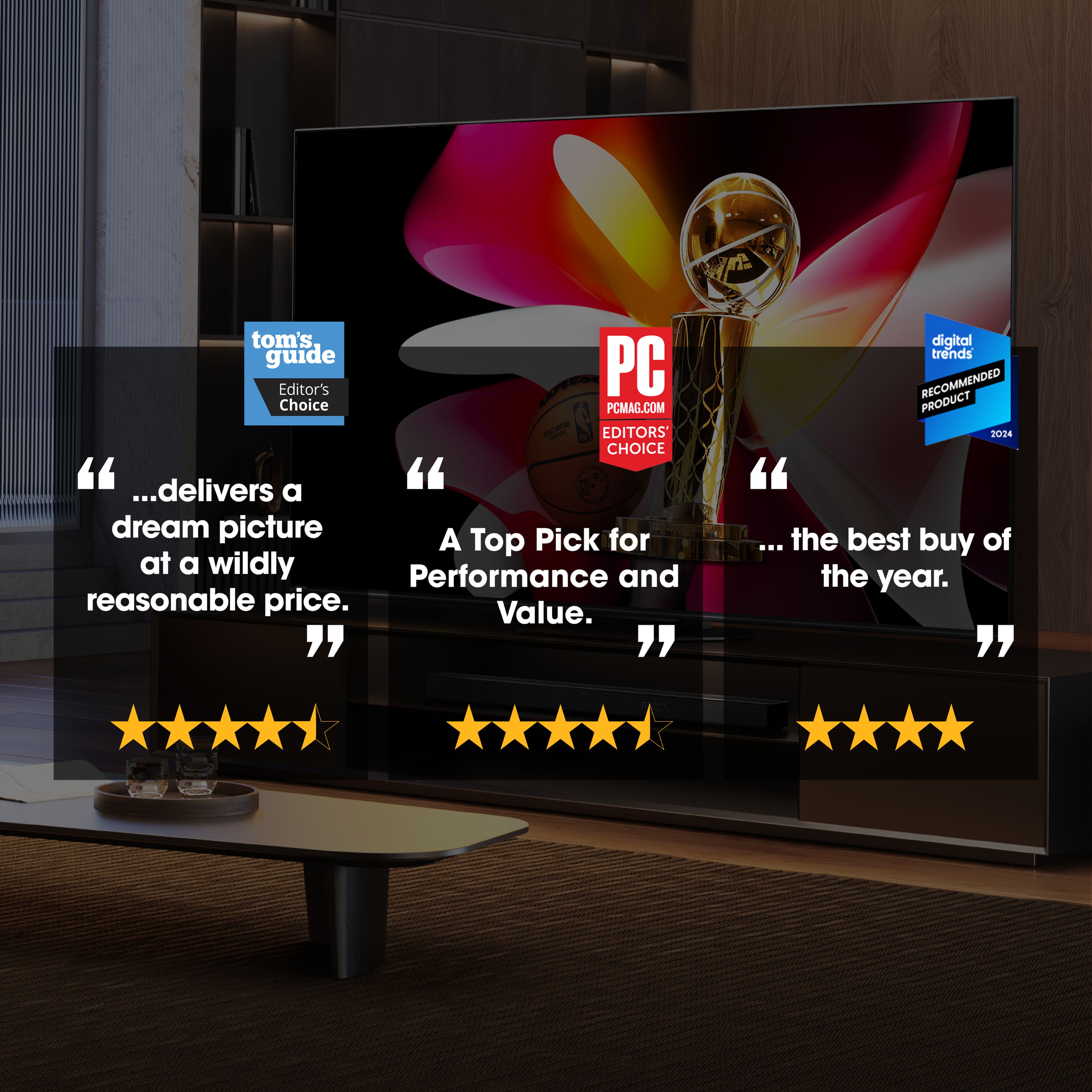 The text on the image can be grouped and corrected as follows:
1. Tom's Guide PC Editor's Choice: "Delivers a dream picture. A Top Pick for at a wildly reasonable price. Value."
2. PC Magazine: "PCMAG.COM - Editors Choice"
3. Digital Trends Recommended Product 2024: "the best buy of the year."