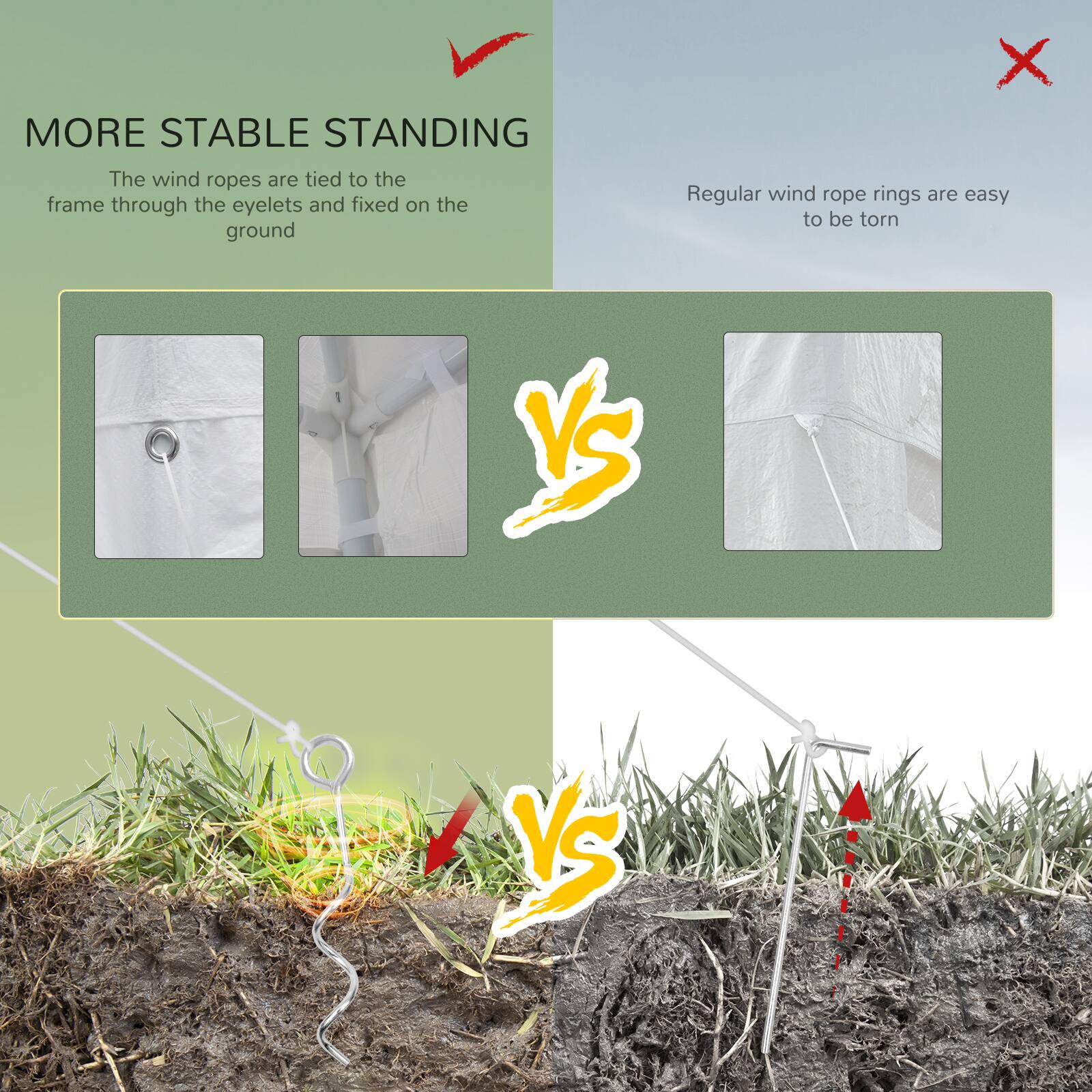 MORE STABLE STANDING The wind ropes are tied to the frame through the eyelets and fixed on the ground VS Regular wind rope rings are easy to be torn