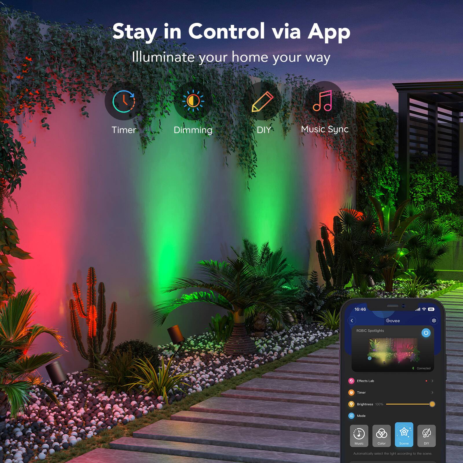 Stay in Control via App Illuminate your home your way Timer Dimming DIY Music Sync 16:40 Govee RGBIC Sootlights . comectd d cmurts Lab d THa . & Bightnees 100% 4 AU Music CM Snane Dm Atomaticaty selort te fight aocording to The -ar