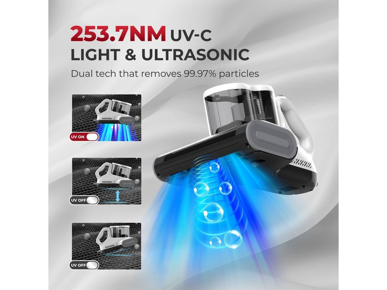 253.7NM UV-C LIGHT & ULTRASONIC  
Dual tech that removes 99.97% particles  

UV ON  
UV OFF  
UV OFF