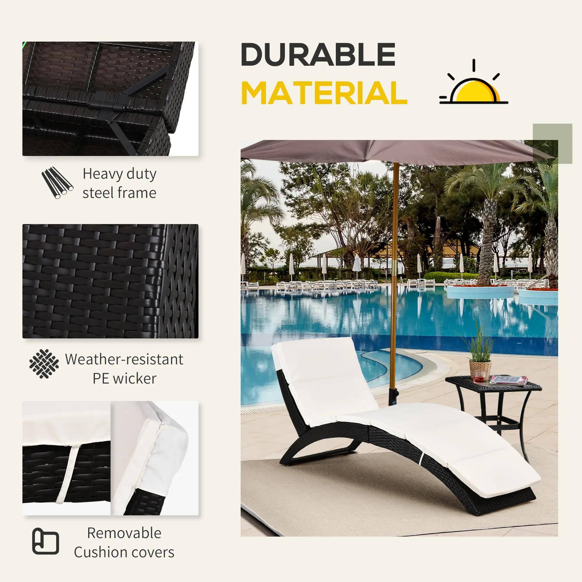 DURABLE MATERIAL
Heavy duty steel frame
Weather-resistant PE wicker
Removable Cushion covers