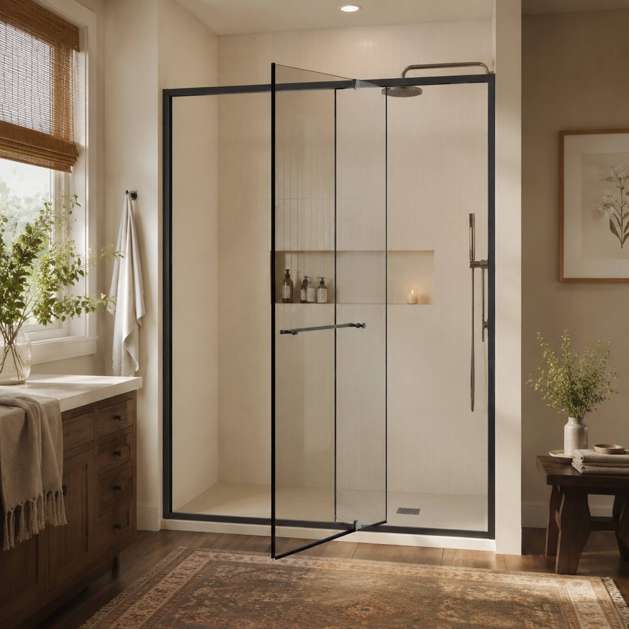 Left. RYHNUYNE - 56-60 In W X 72 In H Pivot Shower Door, 1/4 In Clear Tempered Glass With Stainless Steel Handle Black Finish - Matt Black.