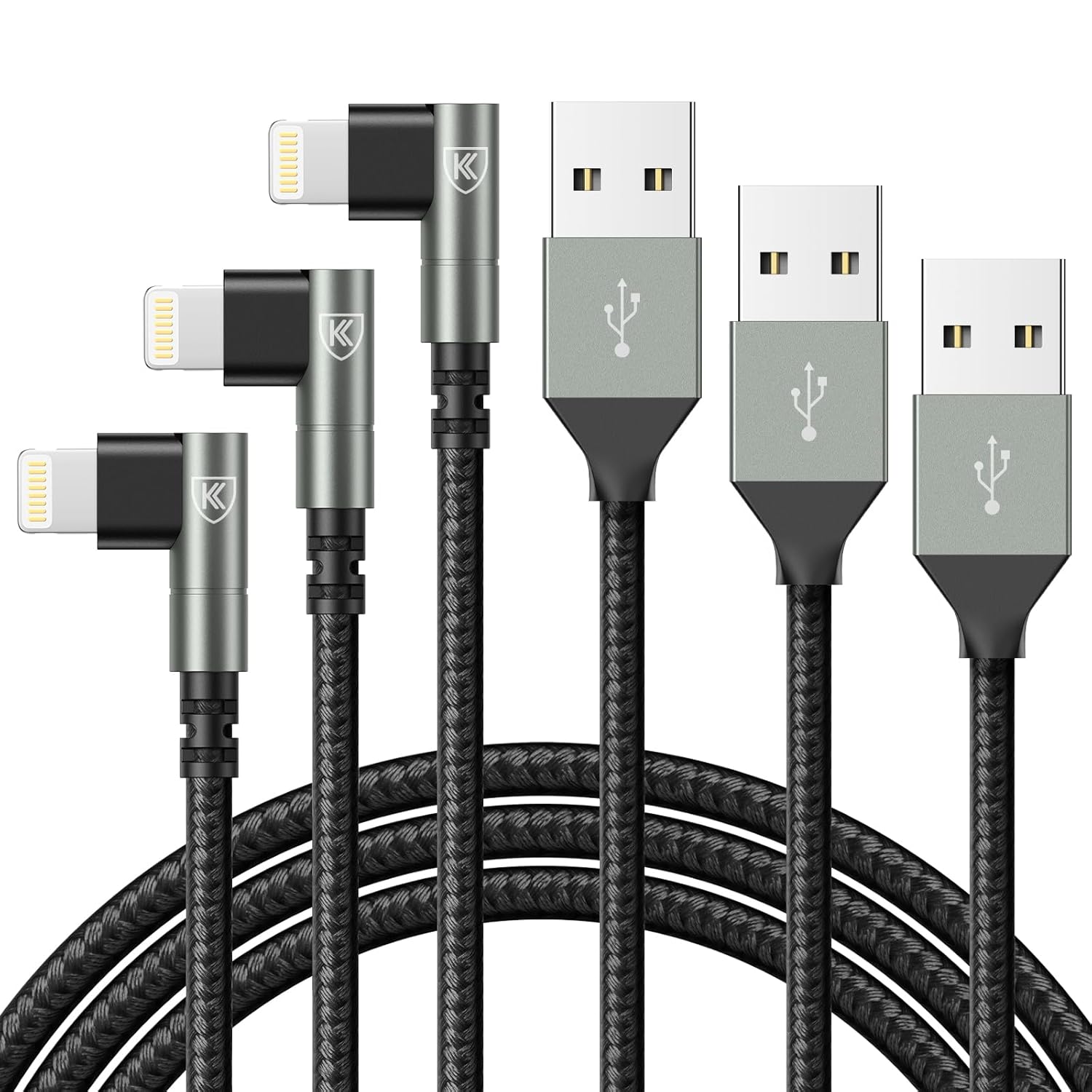 Front. MOSZAR LLC - 3-Pack 6FT 90° MFi Lightning Cables – Fast Charging for iPhone 14/13/12/11/8/7/X, iPad - Grey.