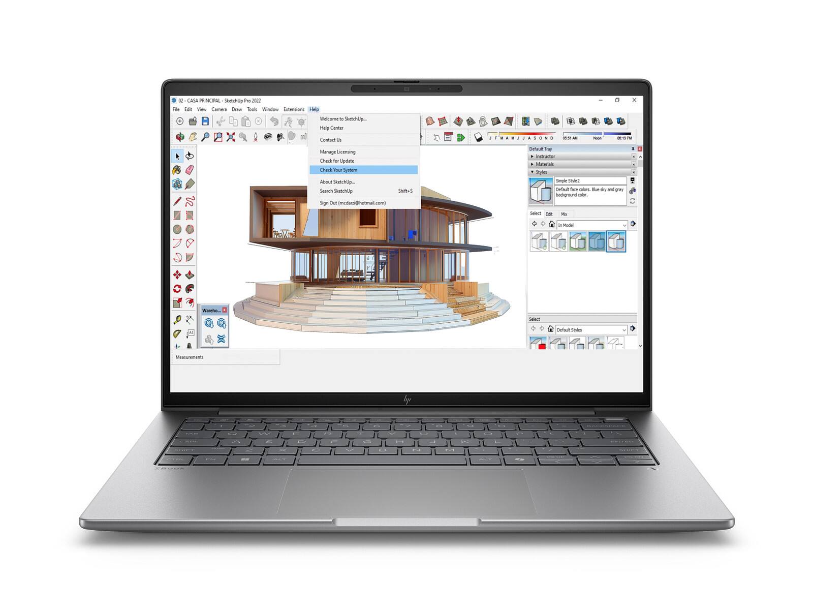 02 CAM PENCIBAL SketchUp Pro 2022  
File Edit View Camera Draw Tools  
Window Extensions Help  
Welcome to SketchUp...  
Help Center  
Contact Us  
Manage Licensing  
Check for Update  
Check Your System  
About SketchUp...  
Search SketchUp...  
Sign Out (mcde0@hotmal.com)  

Default Toy Instructor  
Mateie Styles  
Simple Style2  
Default face colors: Blue sky and gray background color.  
Model Warehouse  
Default Styles  

- Select  
- Model  
- Edit  
- Mix  
- In Model  
- Select