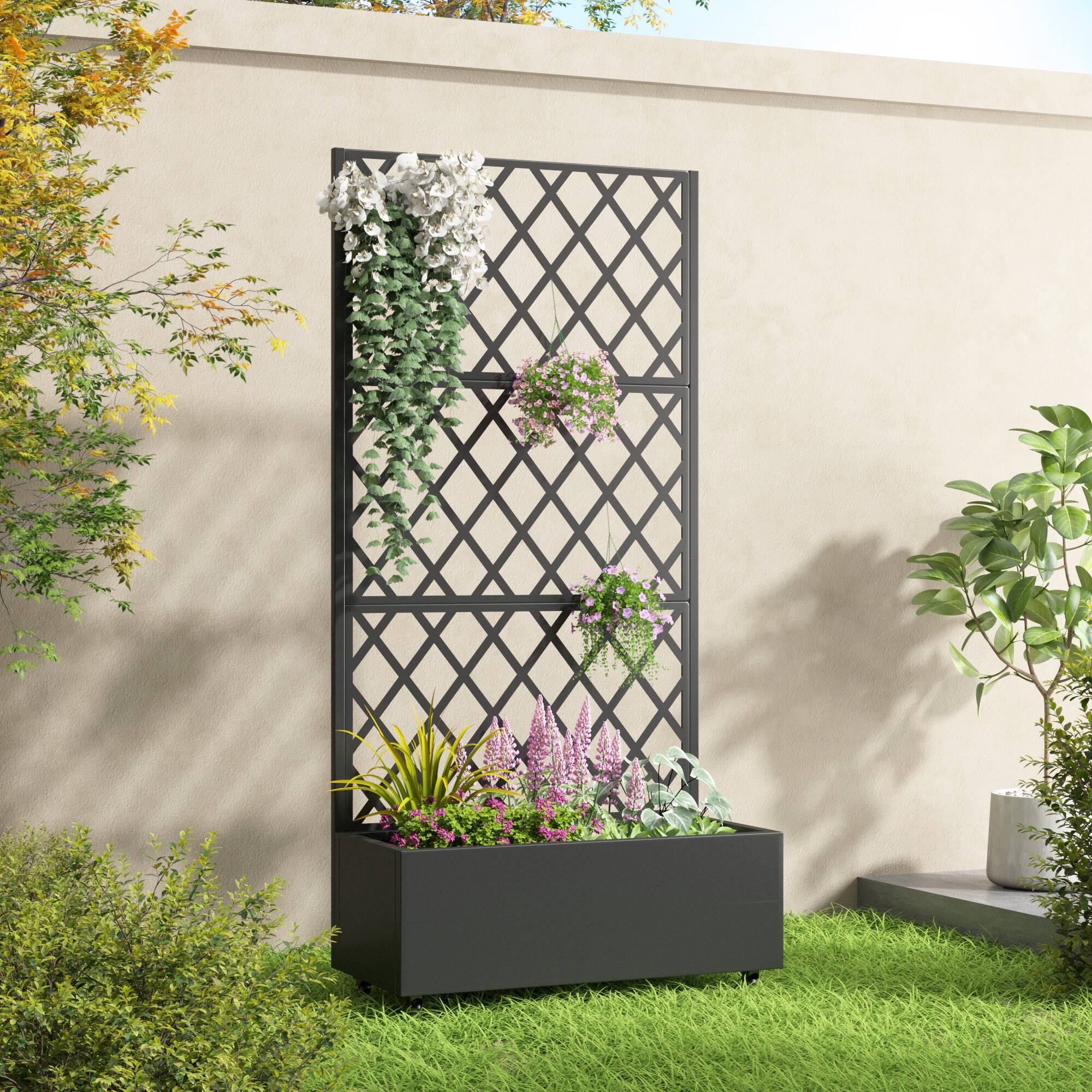 Alt View 1. PexFix - 72 in. H x 35 in. W Diamond Pattern Rectangle Metal Planter Box Raised Garden Beds with Trellis-Ideal for Balcony - Black.