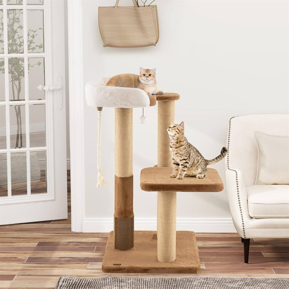 Back. Kadyn - Cat Scratching Tower,Cat Tree,44 Inches Modern Cat Tree for Indoor Cats with Plush Padded Perch and Dangling Ball-Coffee - Beige.