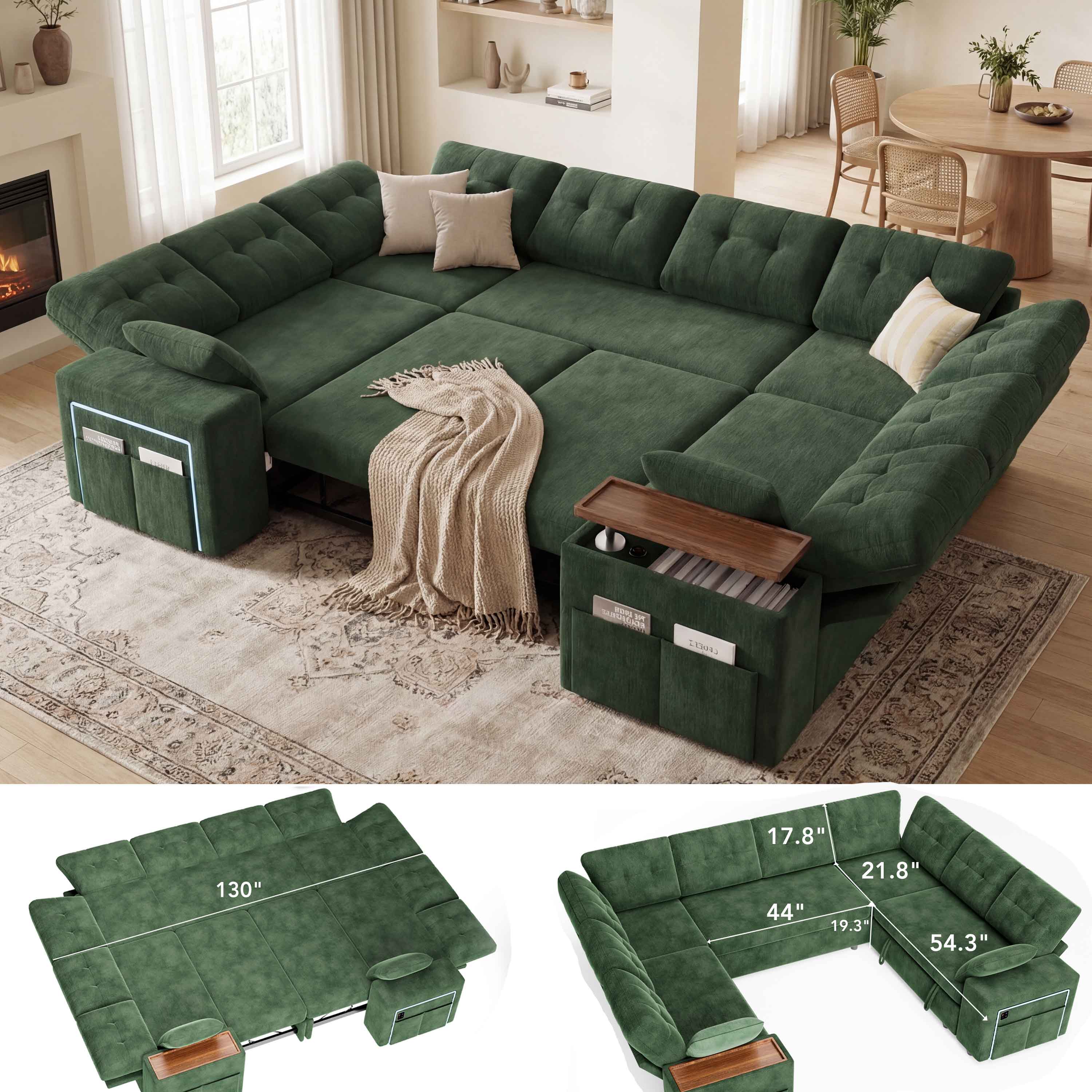 Dyonery - 8-Seat Modular Sectional Sleeper Sofa with Pull-Out Bed, Reclining Backrest, USB Ports, Table, LED Lights,Green - Green