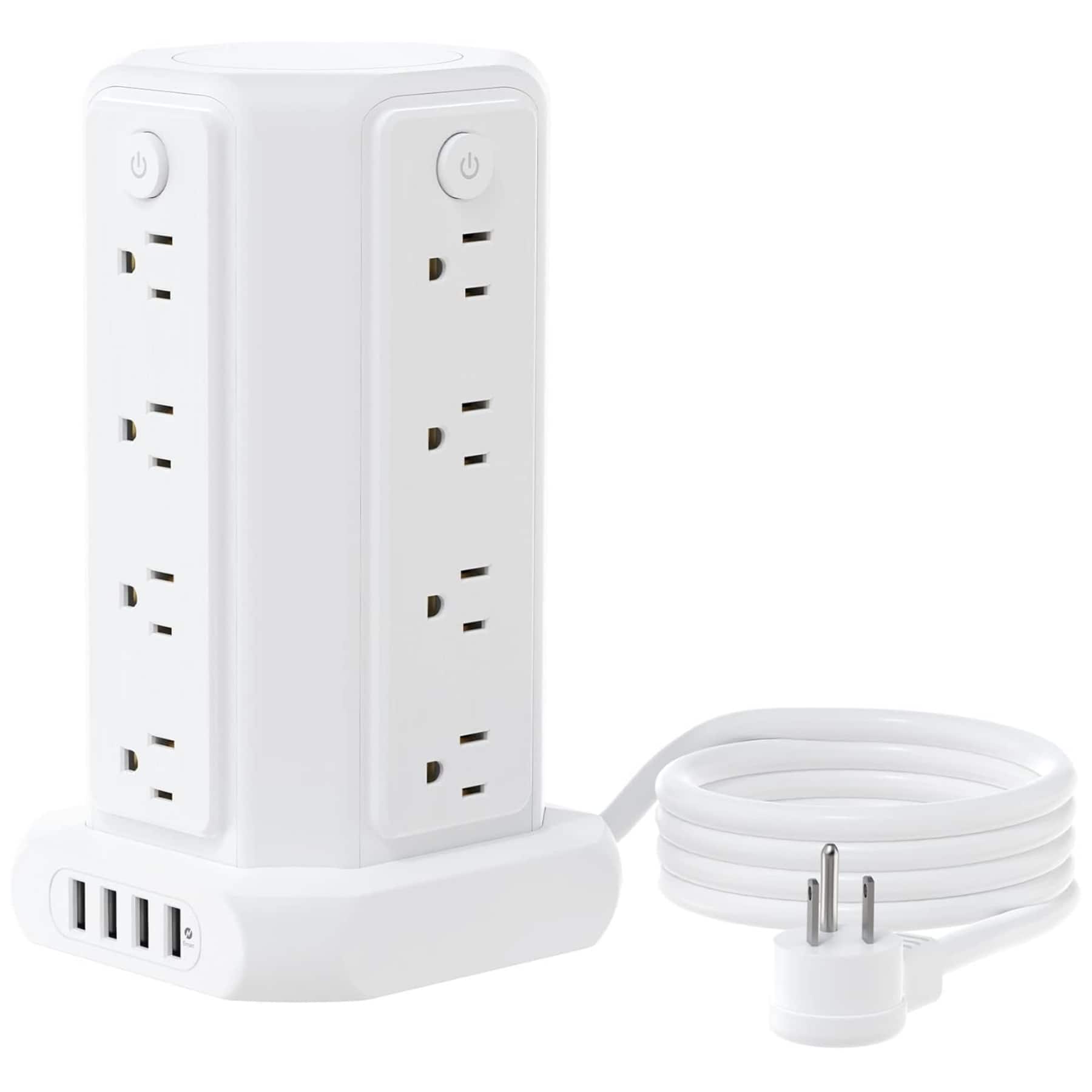 Dazzed Corner - 10 FT Extension Cord Power Strip Tower, Flat Plug Surge Protector - White
