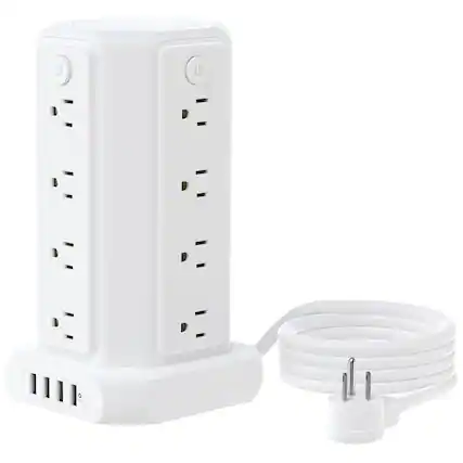 Front. Dazzed Corner - 10 FT Extension Cord Power Strip Tower, Flat Plug Surge Protector - White.