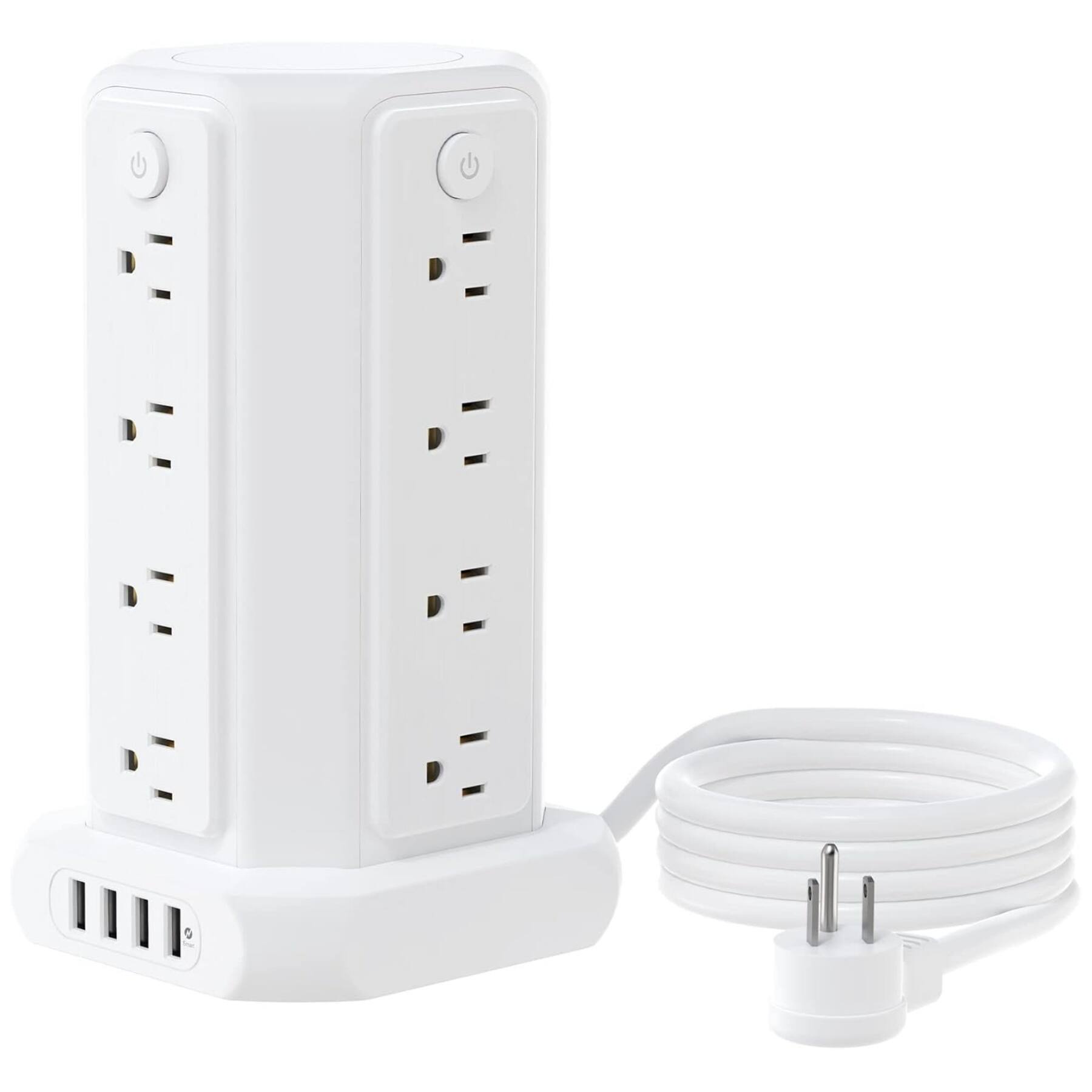 Front. Dazzed Corner - 10 FT Extension Cord Power Strip Tower, Flat Plug Surge Protector - White.