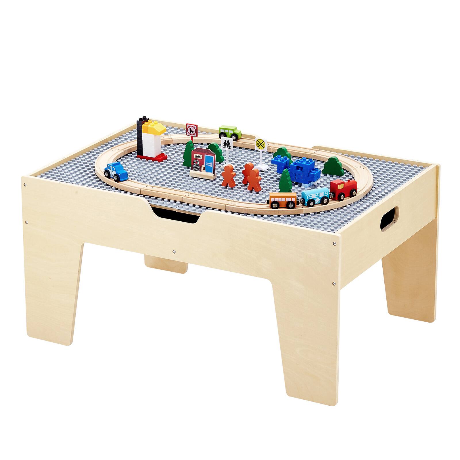 Alt View 5. VEVOR - Multi-Purpose Activity Play Table, 290 Building Bricks and 30-Piece Wooden Train Set Railway, Vehicles - Wood.