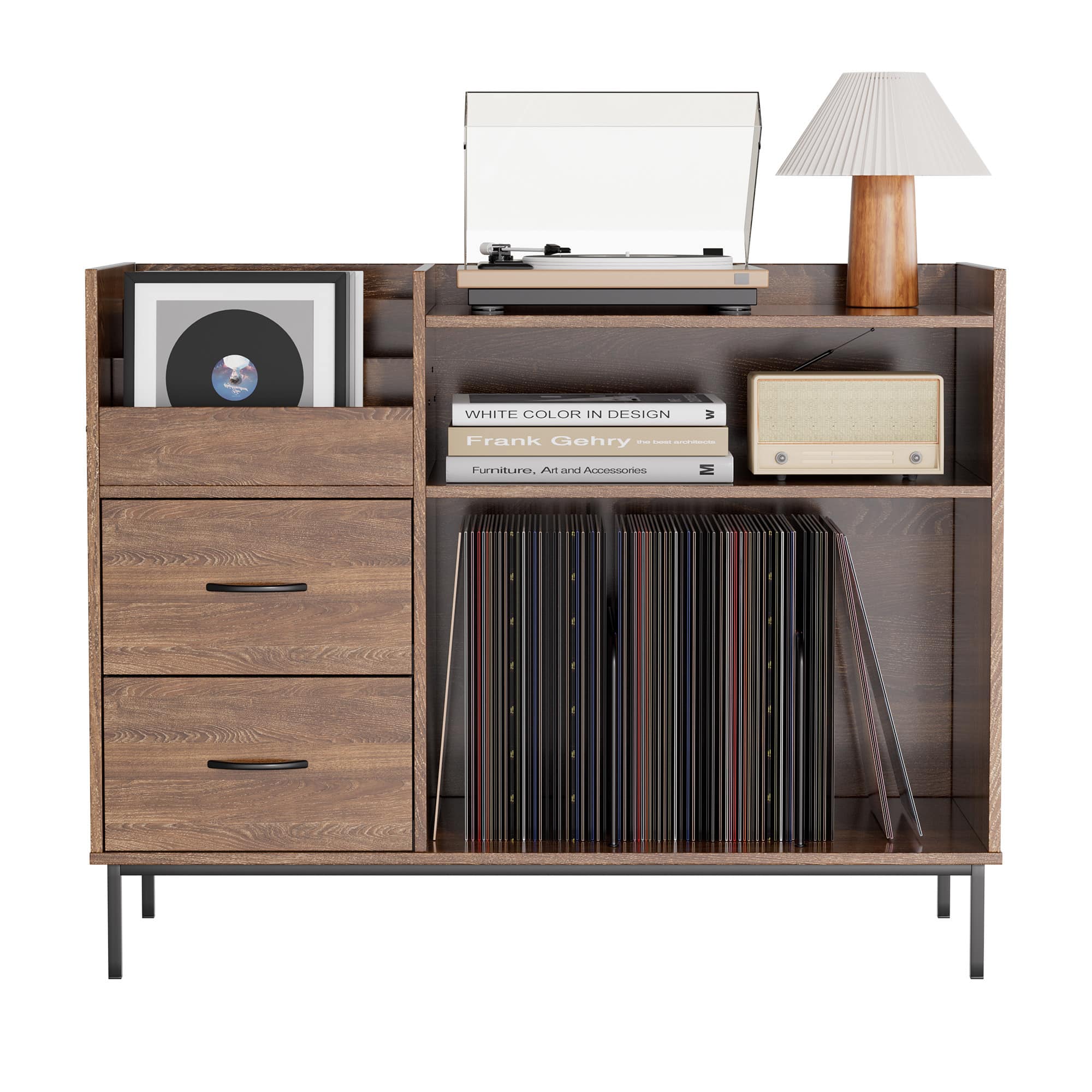Spaco - Record Player Stand with Adjustable Shelves, Holds 350+ Vinyls, Media Console with Speaker Shelf and 2 Drawers - Brown