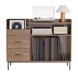 Spaco - Record Player Stand with Adjustable Shelves, Holds 350+ Vinyls, Media Console with Speaker Shelf and 2 Drawers - Brown