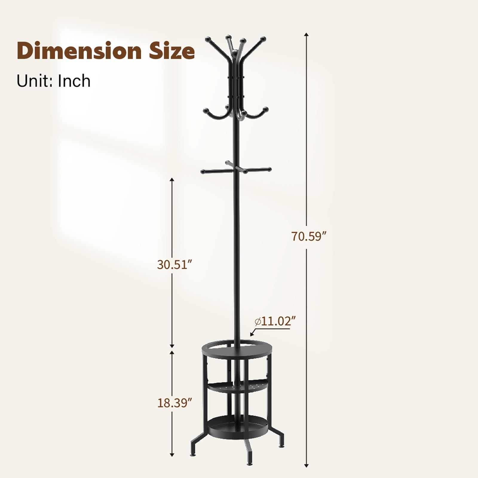 Dimension Size  
Unit: Inch  

- Height: 70.59"  
- Width: 30.51"  
- Depth: 18.39"  
- Diameter: 11.02"