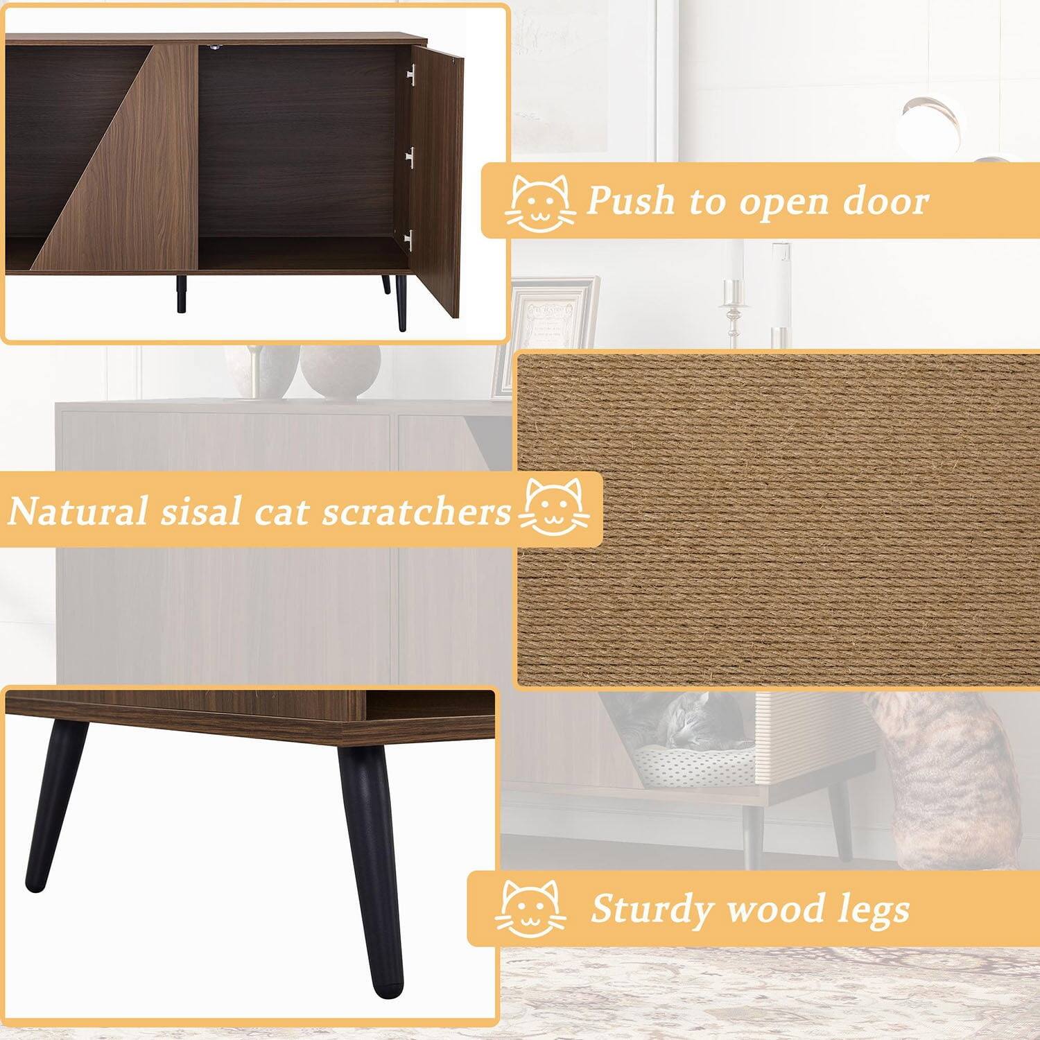 - Push to open door
- Natural sisal cat scratchers
- Sturdy wood legs