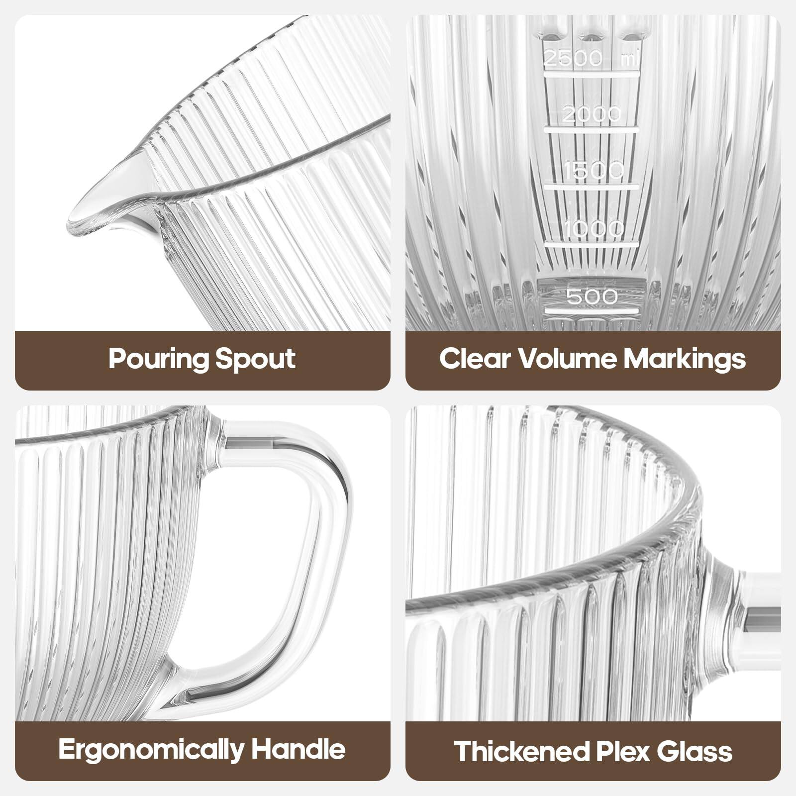 - Pouring Spout
- Clear Volume Markings
- Ergonomically Handle
- Thickened Plex Glass