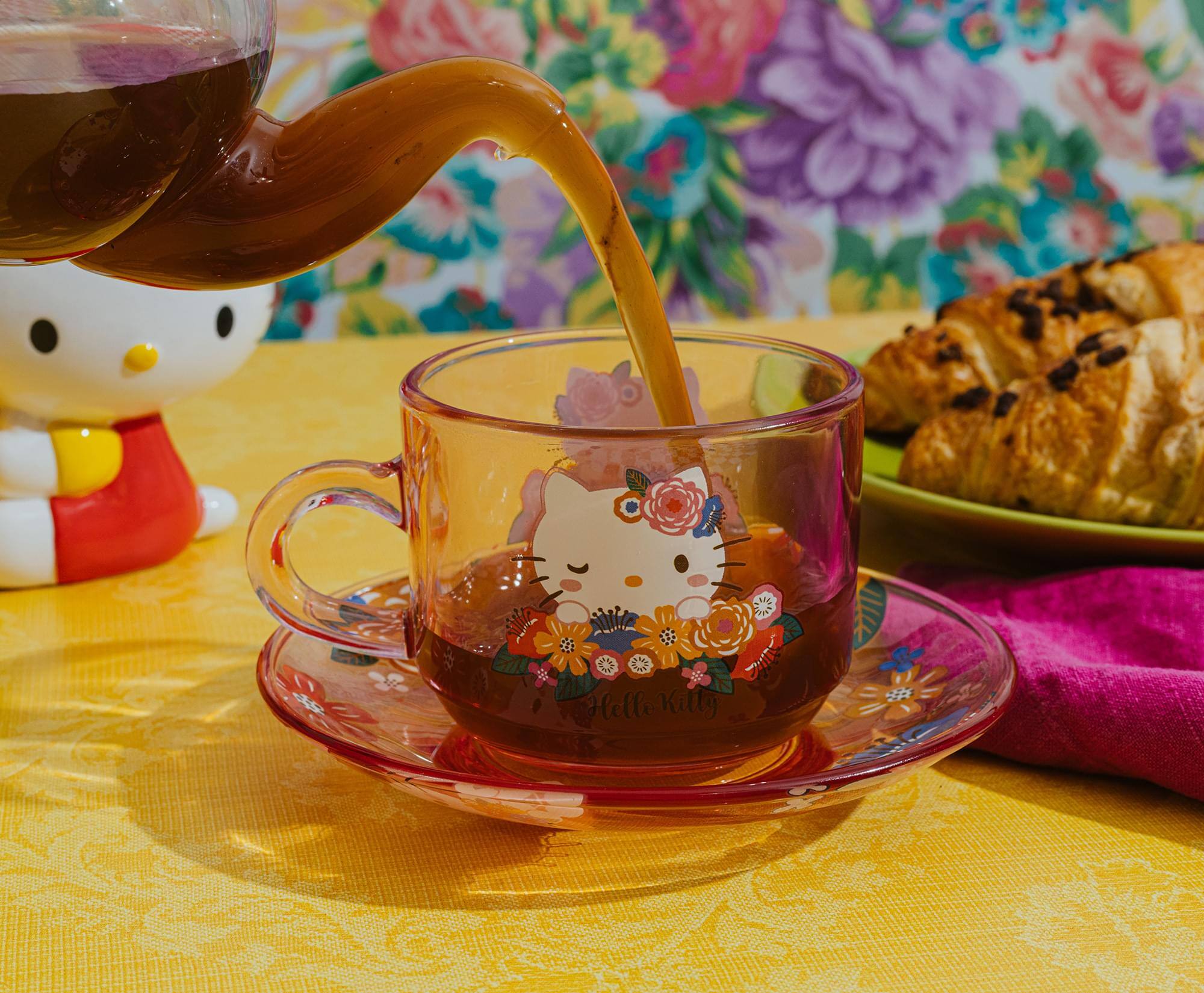 Silver Buffalo Sanrio Hello Kitty Flowers Glass Teacup and Saucer