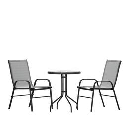 Emma + Oliver - Three Piece Patio Table Set with Round Metal Frame Table with Tempered Glass Top and Two Flex Comfort Stacking Chairs - Gray