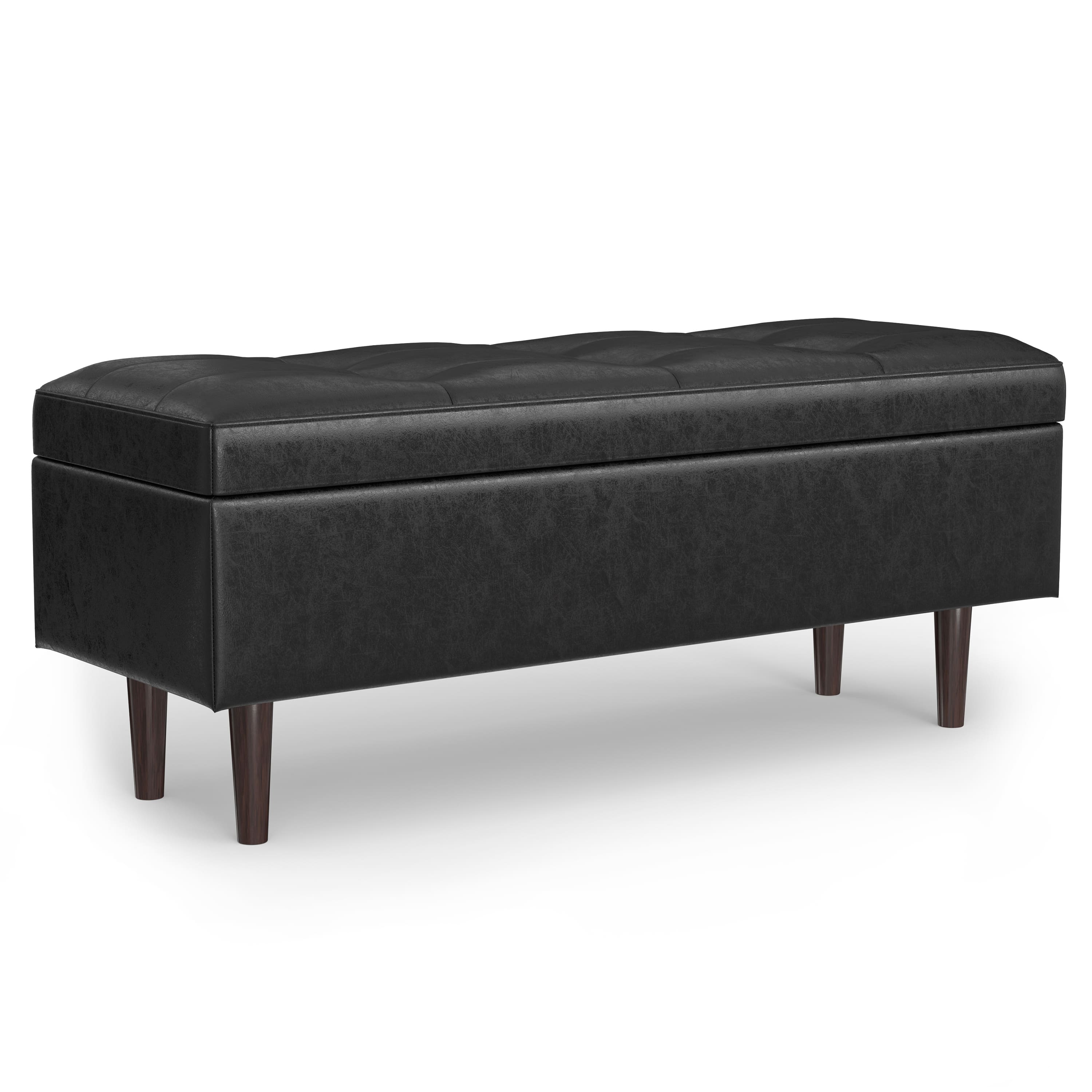 Simpli Home - Shay 48 inch Wide Mid Century Modern Rectangle Storage Ottoman Vegan Faux Leather, Assembled - Distressed Black