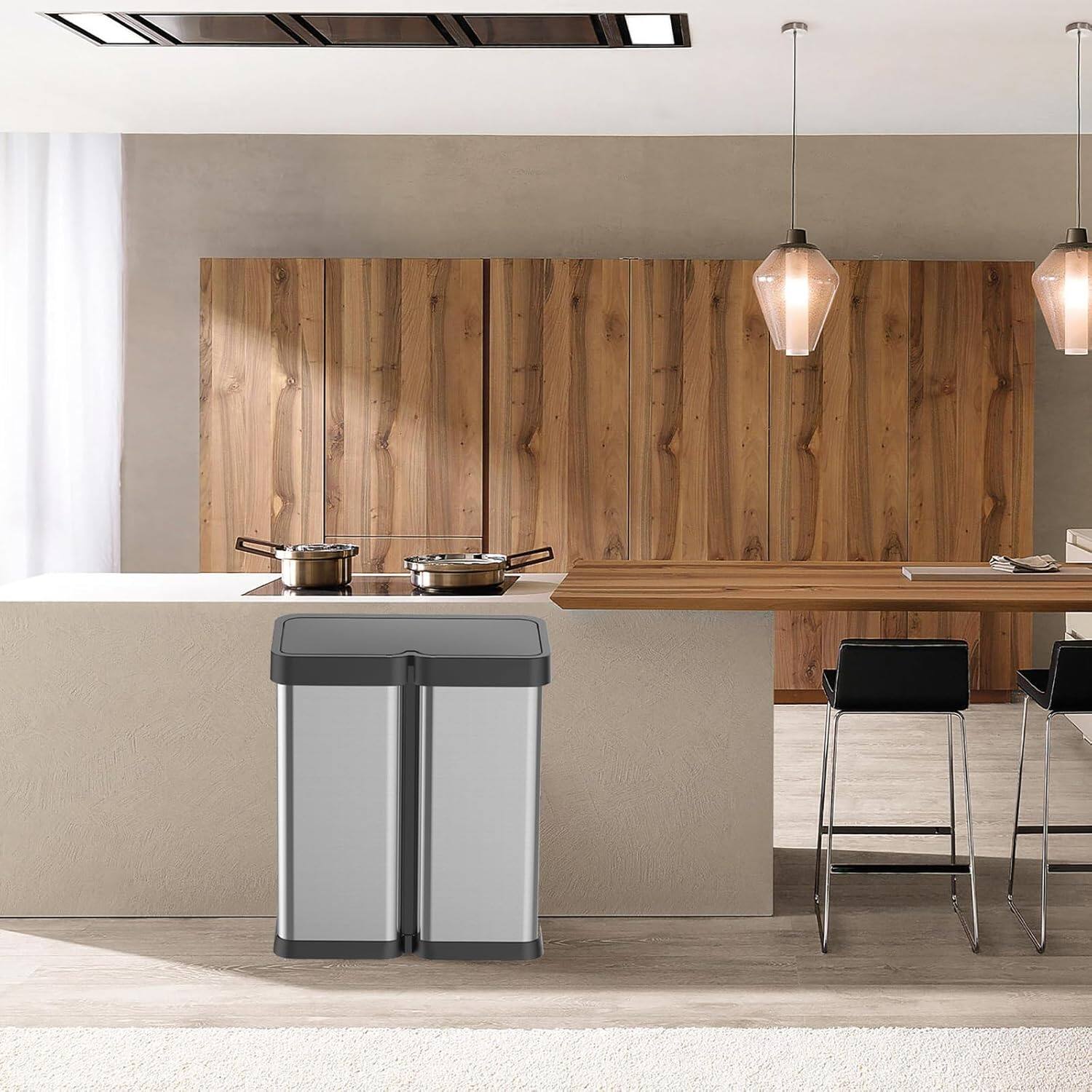 Alt View 3. Acekool - 16 Gallon Silver Motion Sensor Trash Can with Dual 30 Liter Compartments, Automatic Hands-Free Lid, Stainless Steel - Silver.