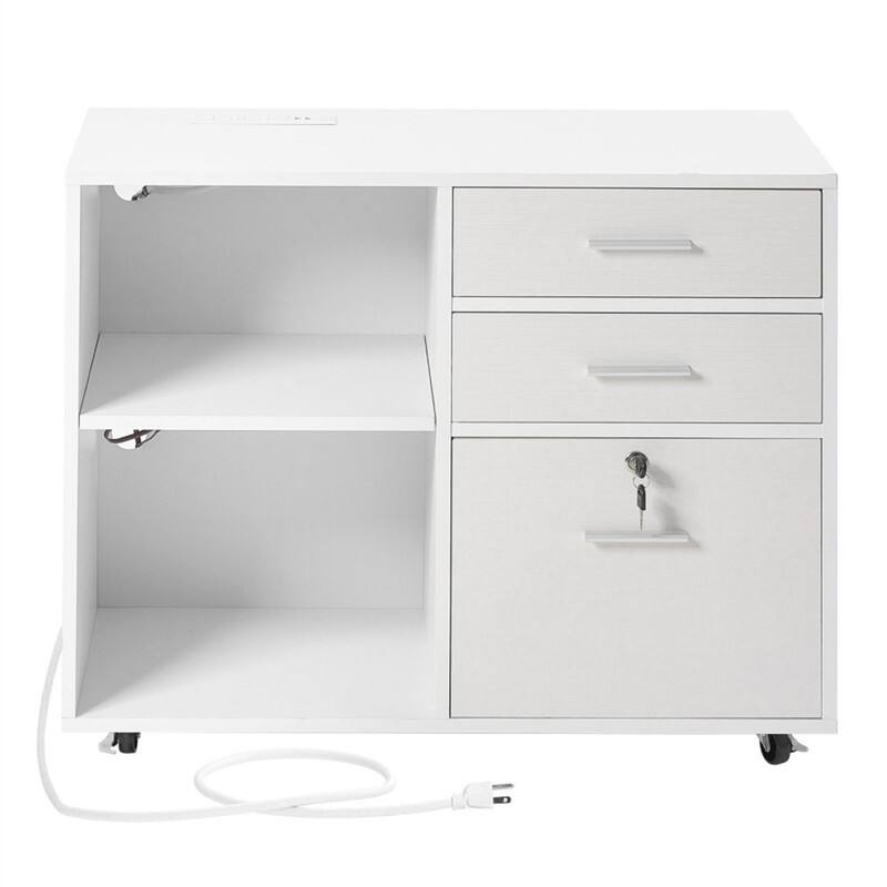 Angle. HTUTWOO - 3 Drawer Wooden File Cabinet - Filing Cabinet with Light Strip, Shelves, Lockable Storage with Hanger, Rolling Organizer - White.