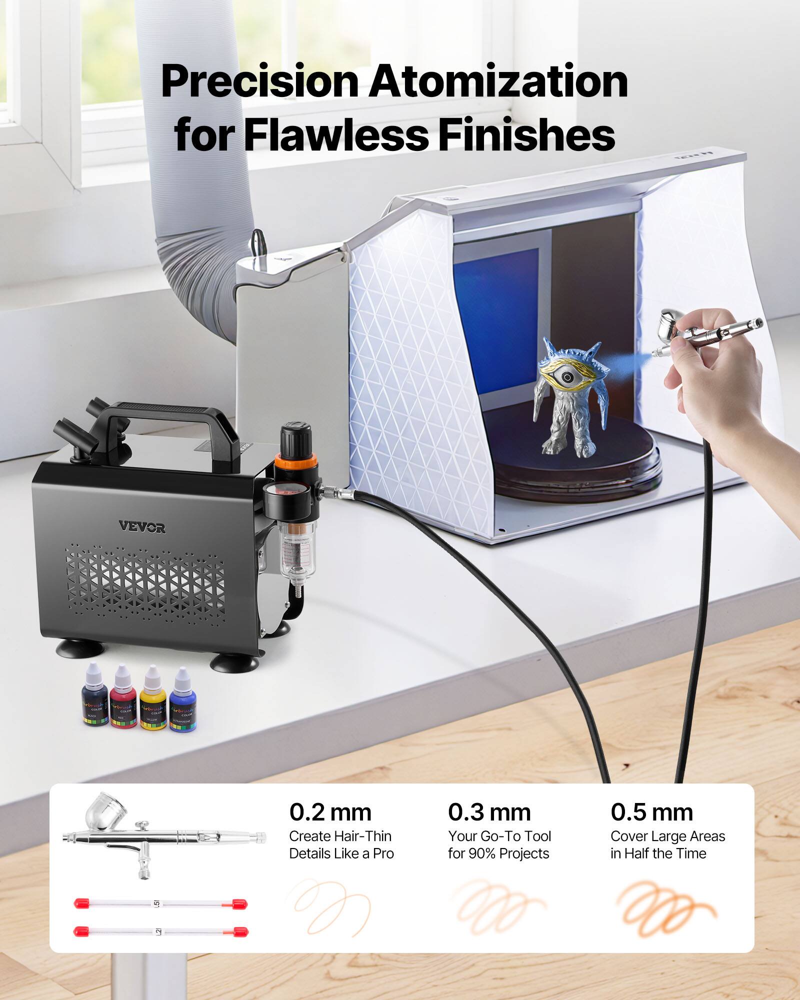 Precision Atomization for Flawless Finishes

VEVOR

0.2 mm
Create Hair-Thin Details Like a Pro

0.3 mm
Your Go-To Tool for 90% Projects

0.5 mm
Cover Large Areas in Half the Time