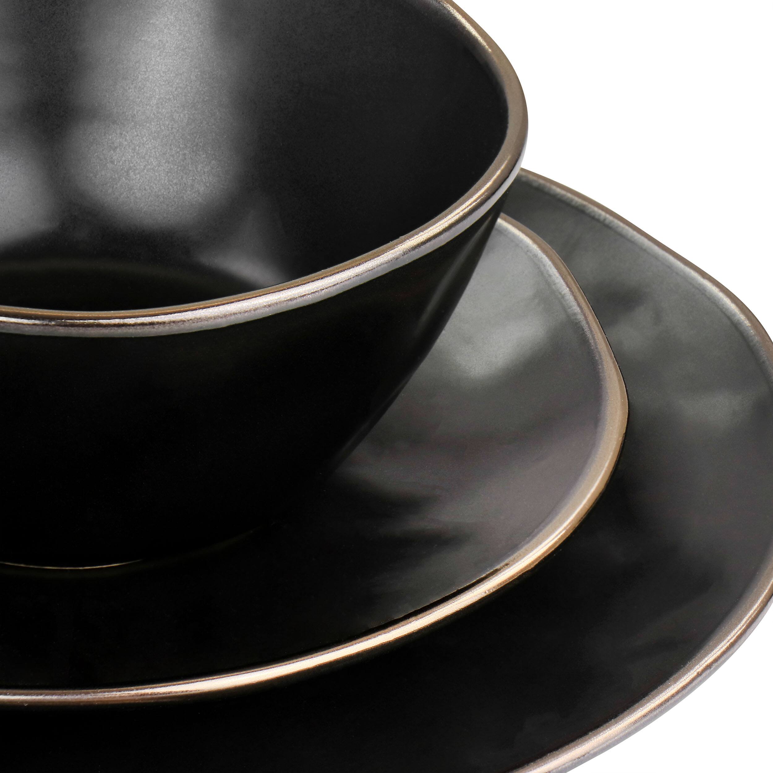 Alt View 7. Elama - Elama Modern 16 Piece Stoneware Dinnerware Set in Matte Black with Gold Rim - Black.