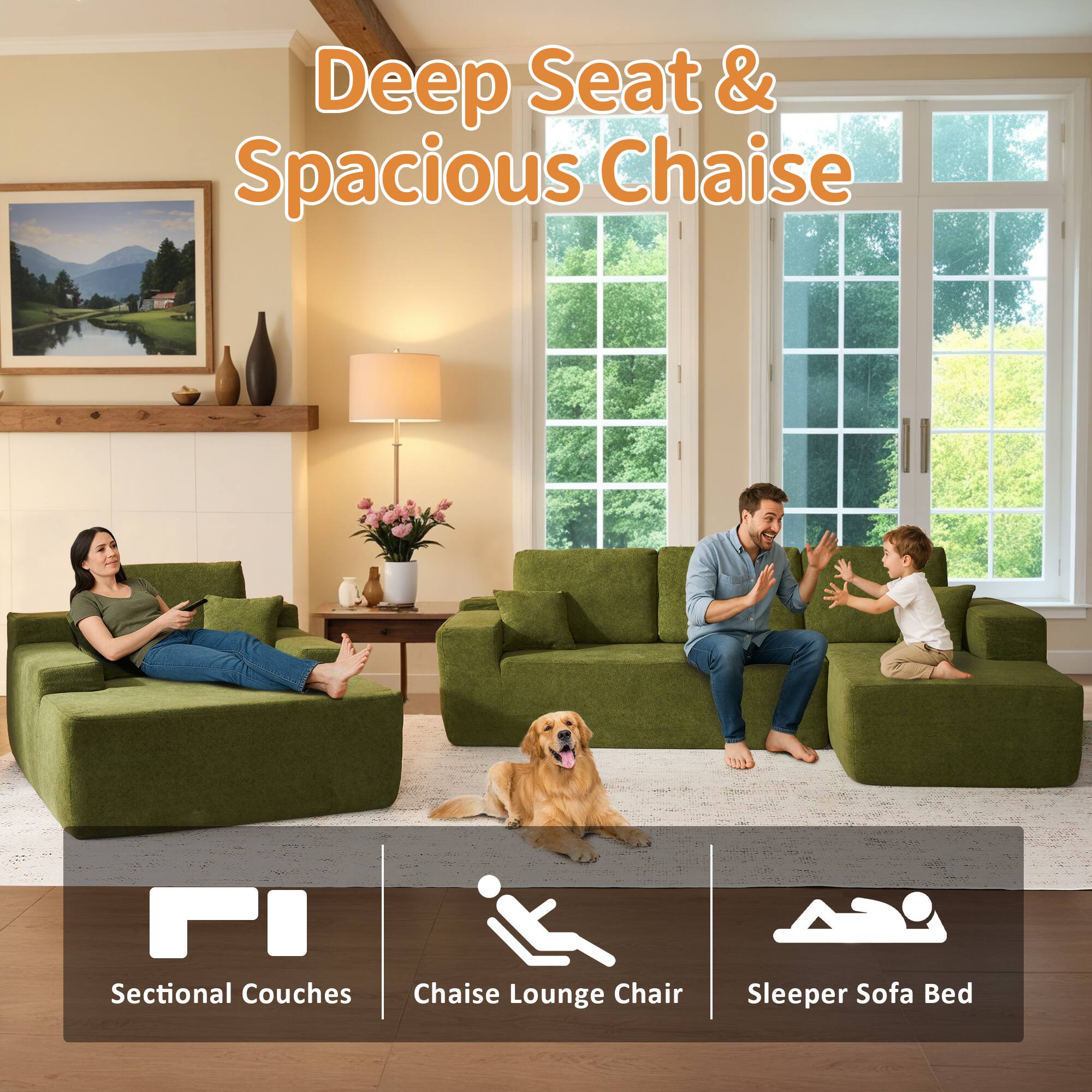 Deep Seat & Spacious Chaise

Sectional Couches | Chaise Lounge Chair | Sleeper Sofa Bed