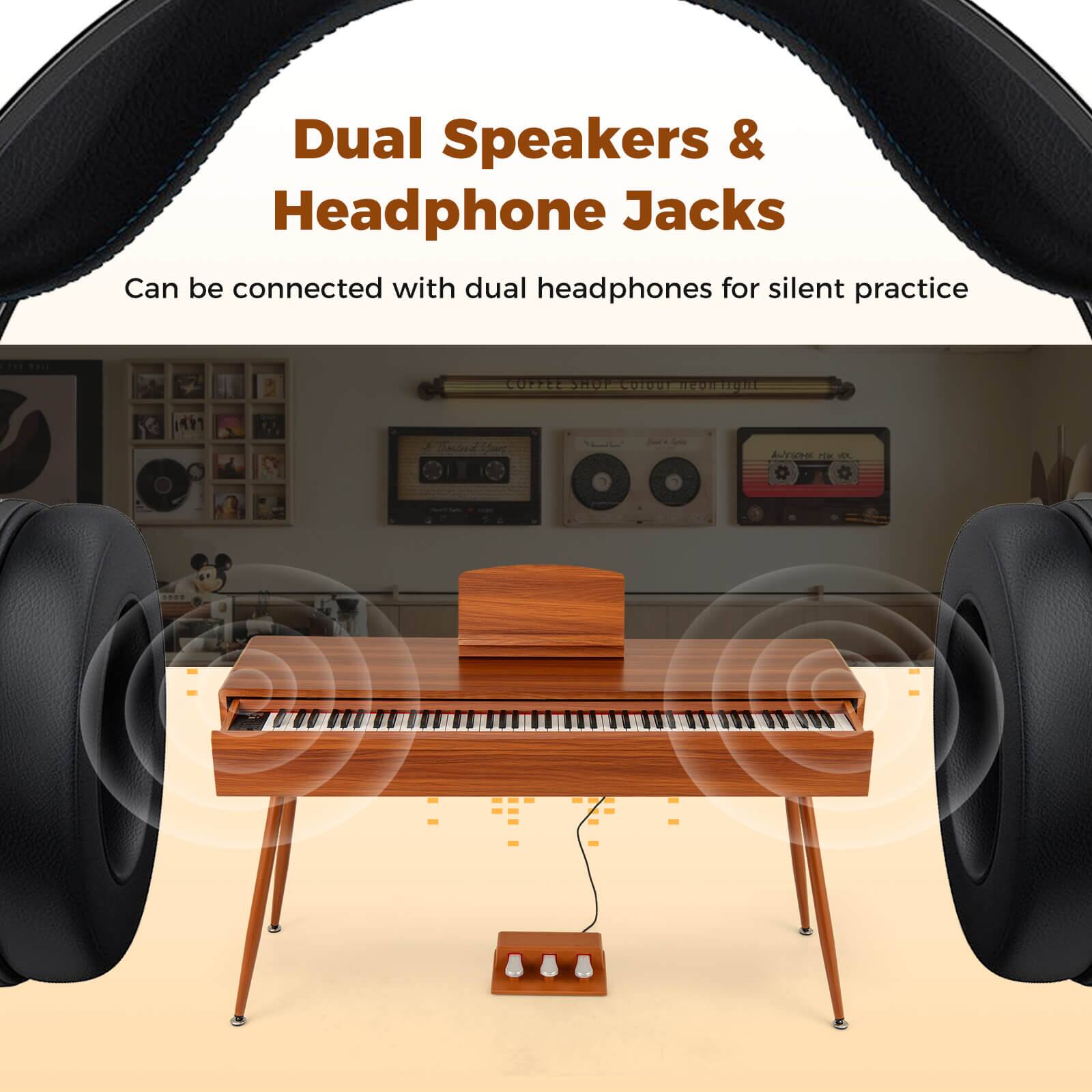 Dual Speakers & Headphone Jacks

Can be connected with dual headphones for silent practice