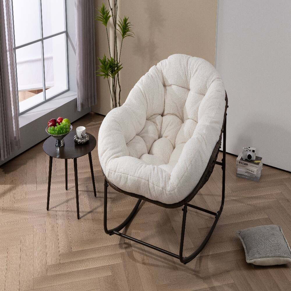 Alt View 2. Loheer - Loheer Outdoor Rocking Chair Oversized Egg Chair Rattan Patio Rocker with Padded Cushion White - White.