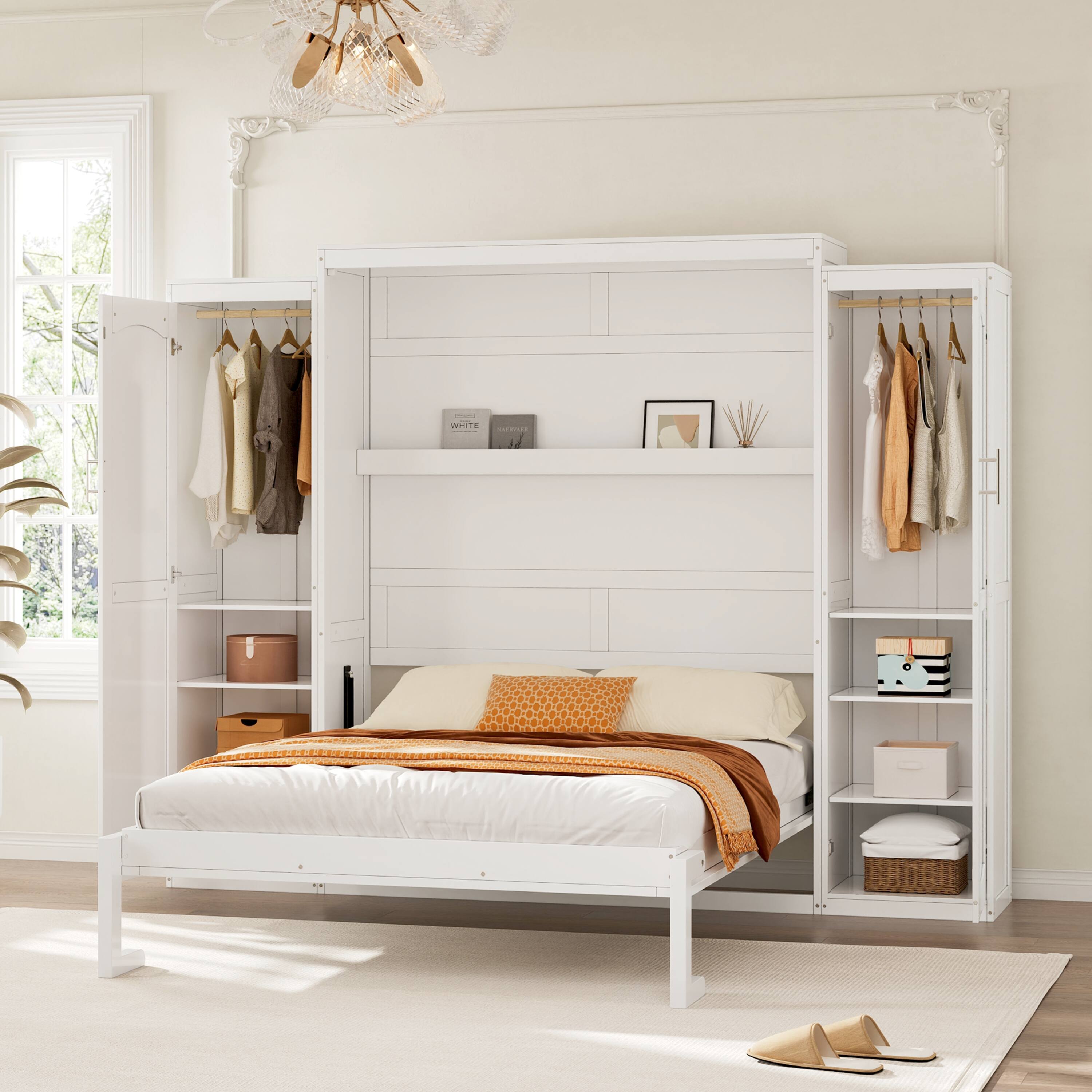 Back. Tiramisubest - Full Size Murphy Bed with 2 Wardrobe and Storage Shelf, Multifunctional Foldable Platform Bedframe, White - White.