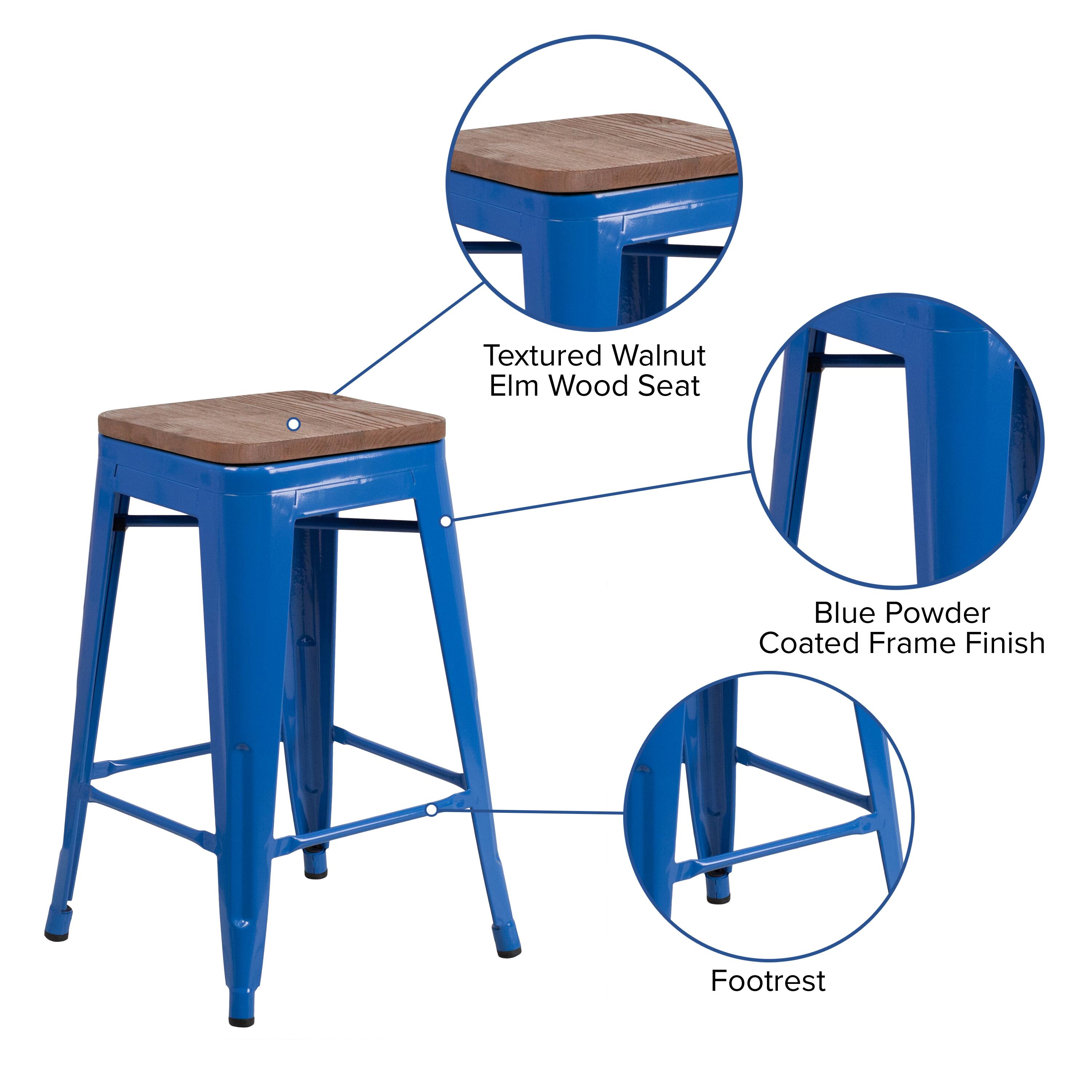 Textured Walnut Elm Wood Seat  
Blue Powder Coated Frame Finish  
Footrest