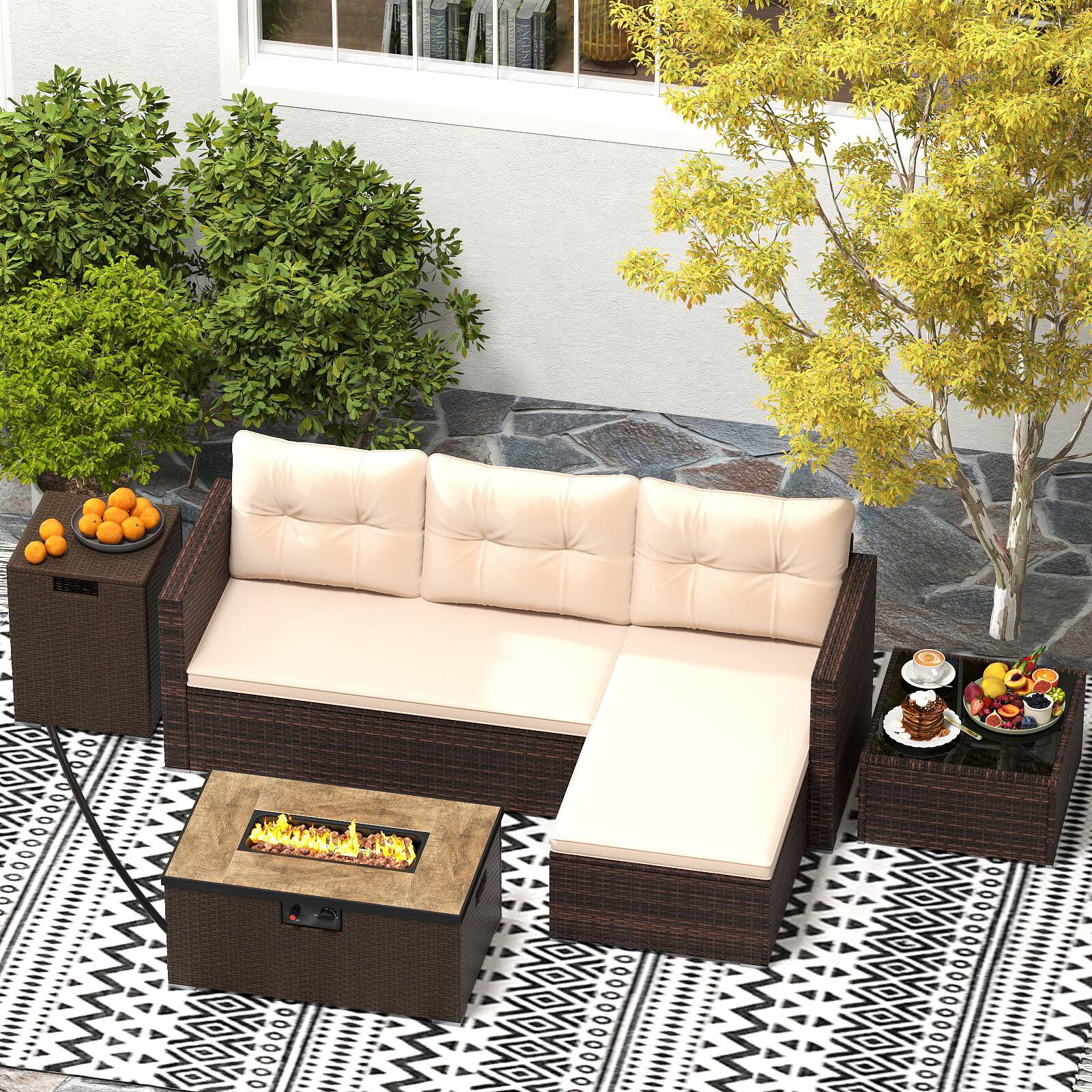 Alt View 3. Gymax - Gymax 4 PCS Outdoor Furniture Set w/ 32'' Fire Pit Table & Propane Tank Cover - Mix Brown.