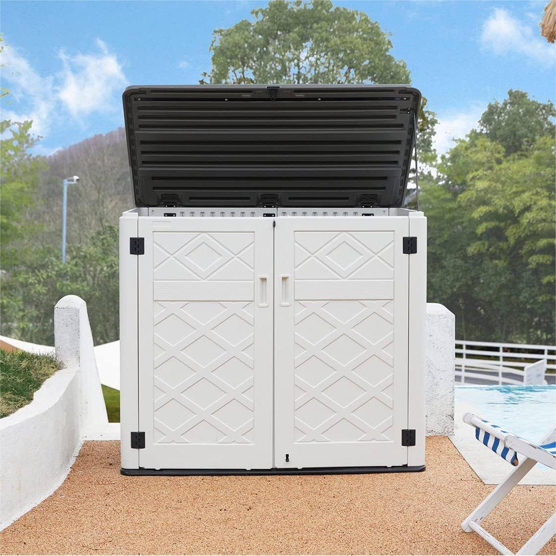 Angle. Decksplore - Larger Outdoor Storage Shed Horizontal 48 Cu.ft Outdoor Storage Box Waterproof for Garden, Patios, Backyards - White.