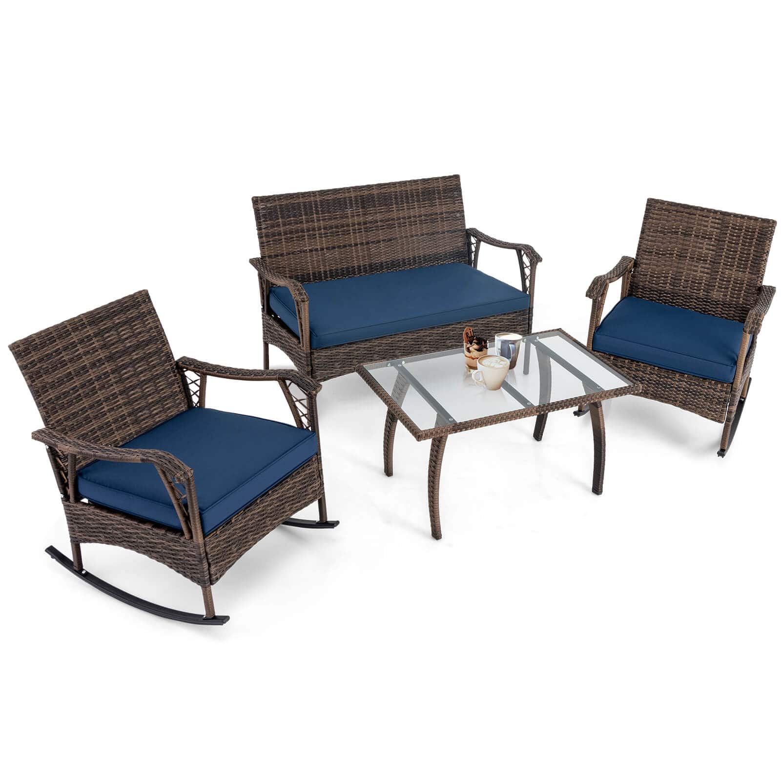 Costway - 4 PCS Wicker Rocking Set with Loveseat & Coffee Table Heavy-Duty Metal Frame - Mix Brown,Navy