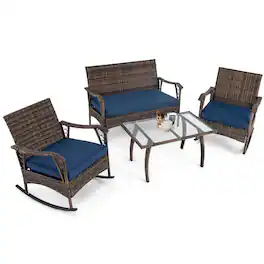 Costway - 4 PCS Wicker Rocking Set with Loveseat & Coffee Table Heavy-Duty Metal Frame - Mix Brown,Navy