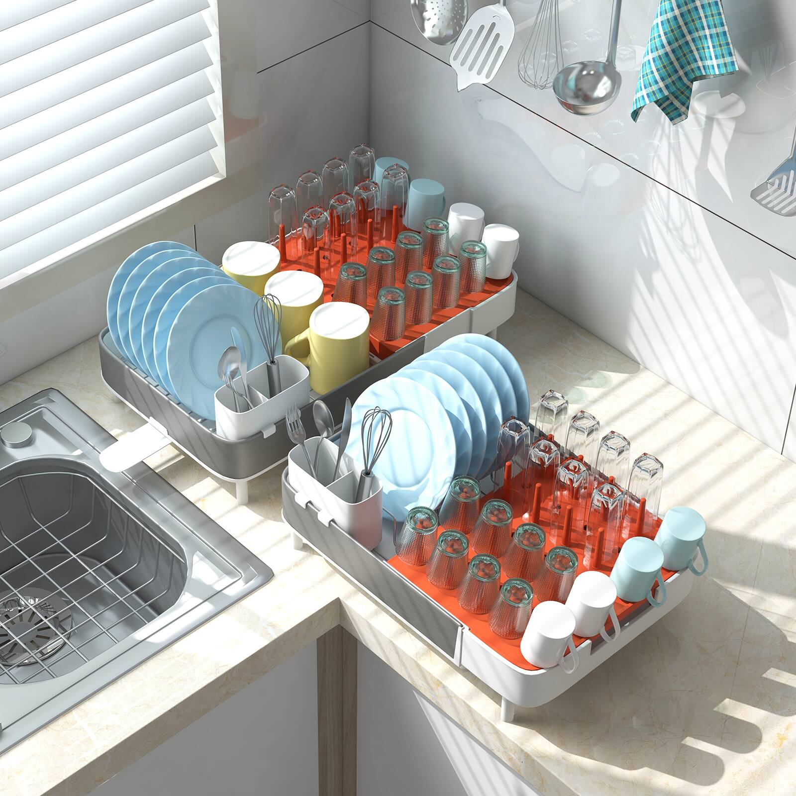 Left. SlickBlue - Adjustable Expandable Dish Rack with Dual-Part Drainer and Detachable Utensil Cup - White.