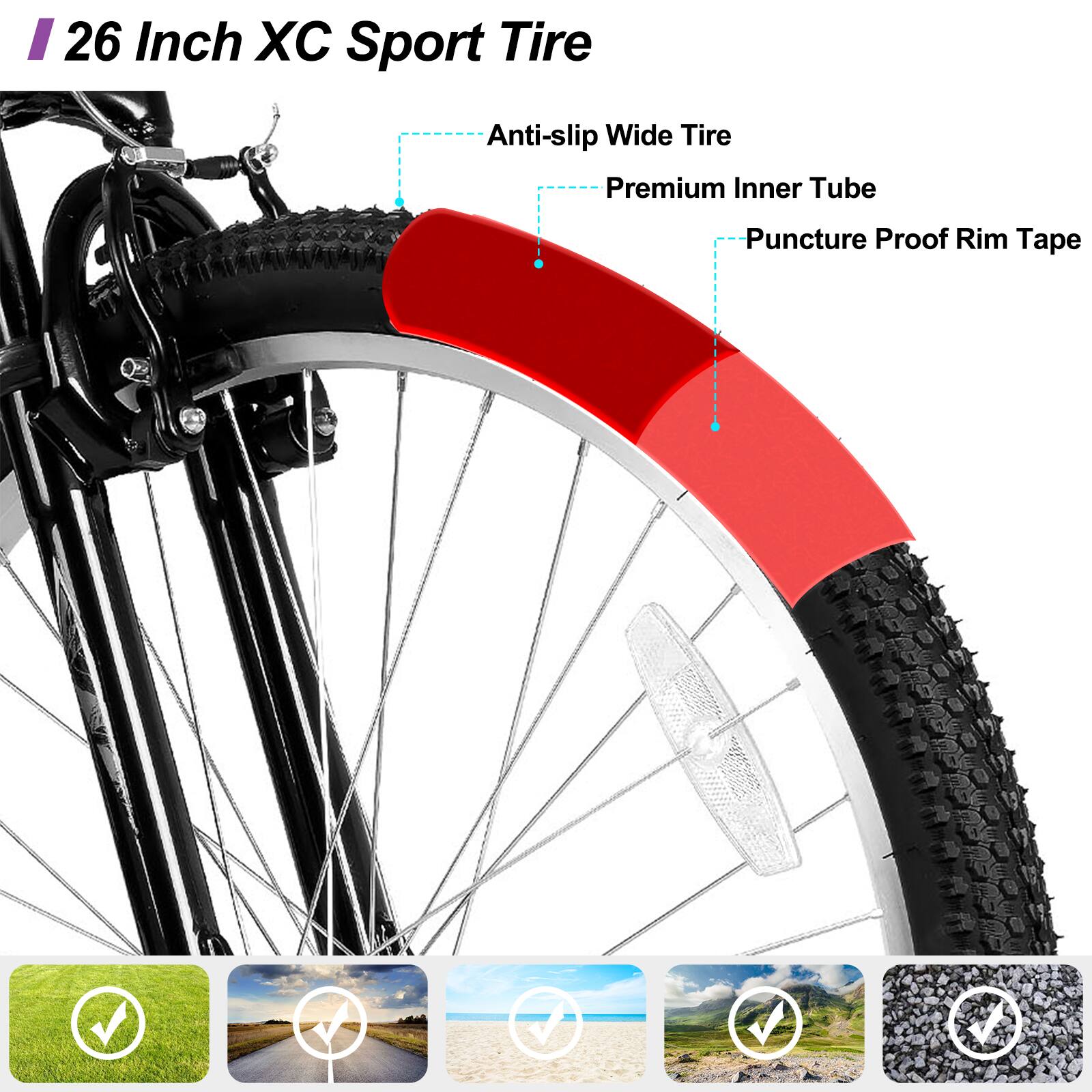 26 Inch XC Sport Tire

- Anti-slip Wide Tire
- Premium Inner Tube
- Puncture Proof Rim Tape